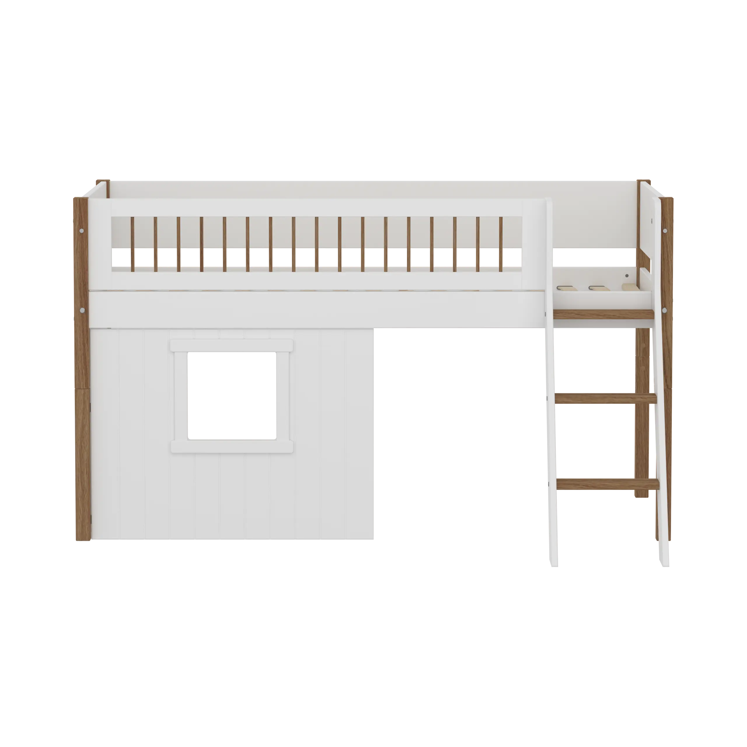 High Bed 120 cm with Treehouse, Ladder and Safety Rail, 90x200 cm, White/Oak MID_HIGH-BED mid-sleeper-nor-crossbars-sl-ladder-tree-hut-wht-window  flexa-com.myshopify.com