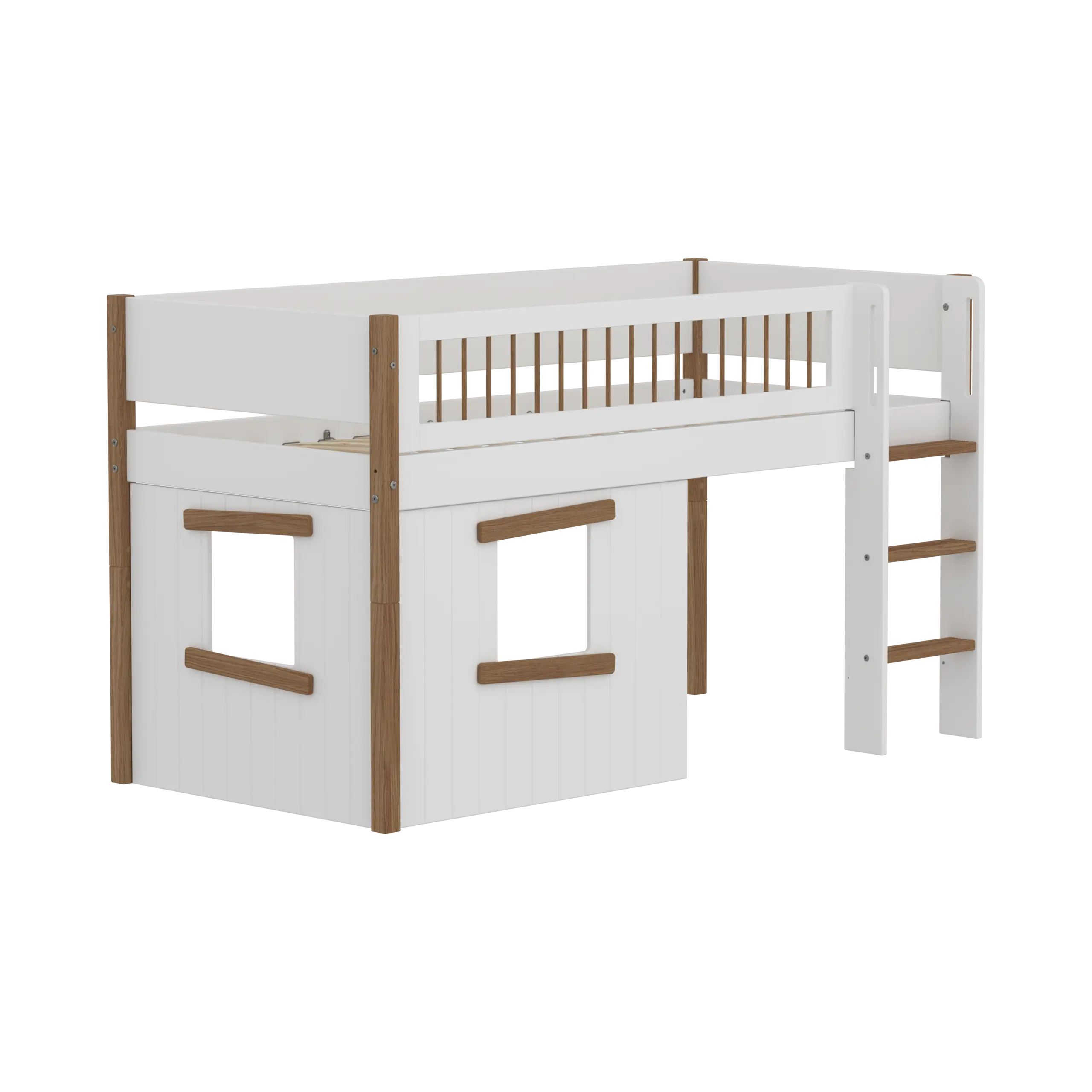 High Bed 120 cm with Treehouse, Ladder and Safety Rail, 90x200 cm, White/Oak MID_HIGH-BED mid-sleeper-nor-crossbars-str-ladder-tree-hut-oak-window  flexa-com.myshopify.com