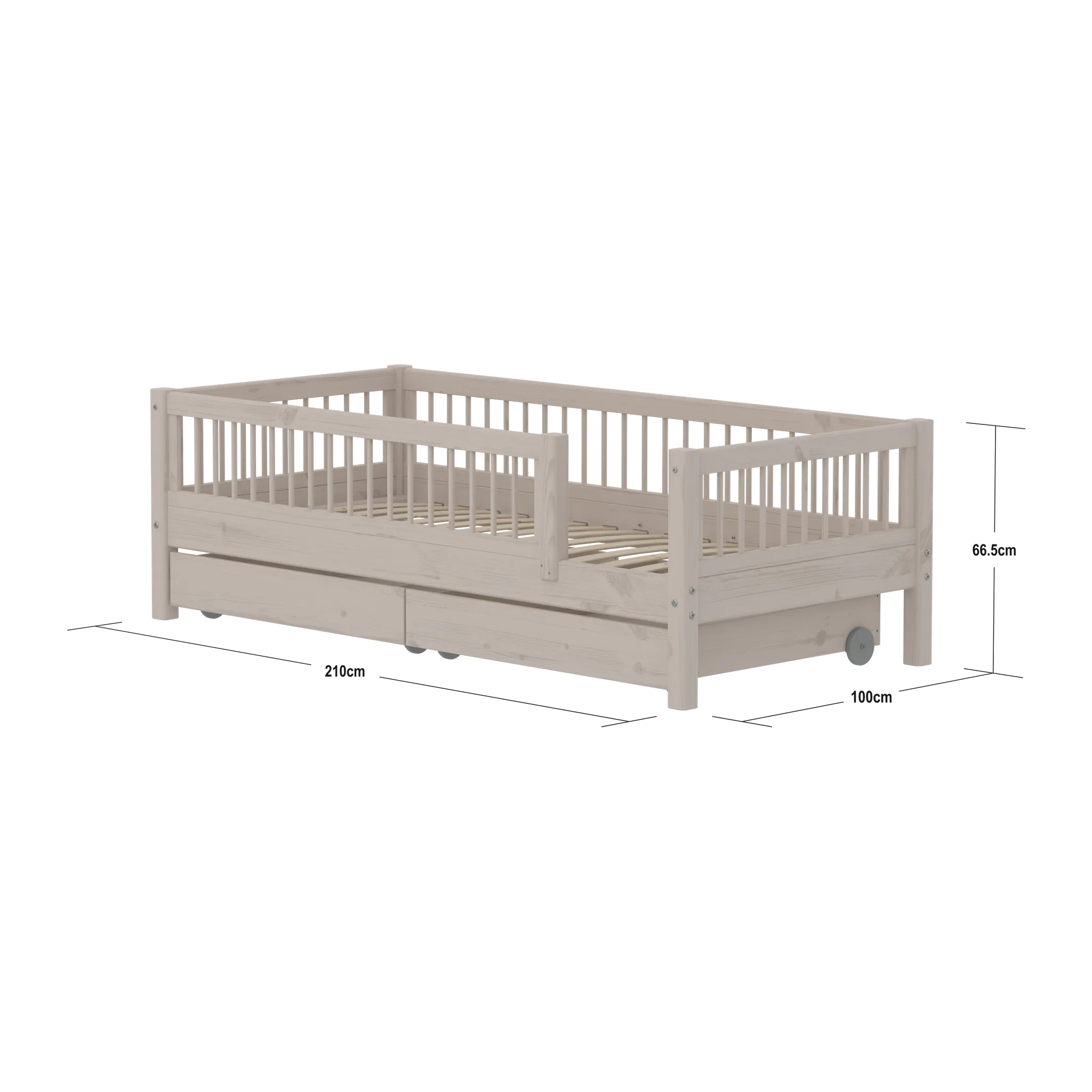 FLEXA Single Bed with Safety Rails and Storage, 90x200 cm, Grey, measurements