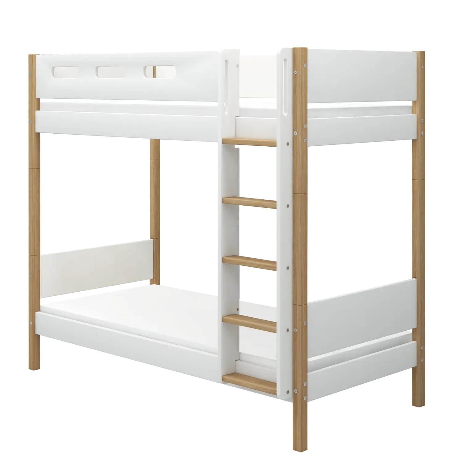 FLEXA Bunk Bed 184 cm with Straight Ladder and Safety Rail, 90x200 cm, White/Oak