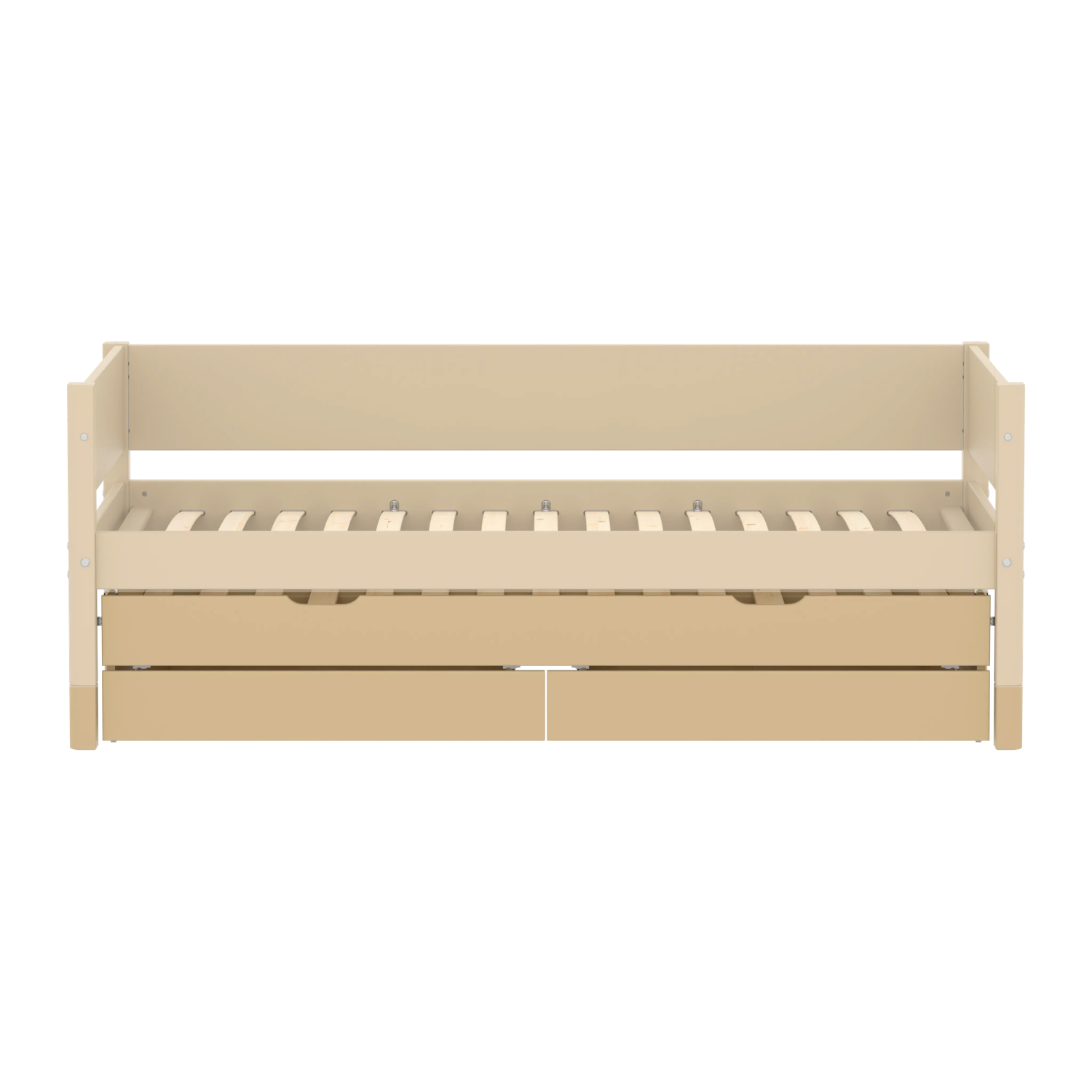 FLEXA-Ausziehbett „Trundle“ aus der Serie CLASSIC in Sandholz mit 2 Schubladen, abgebildet in einem Kinderzimmer; abgerundete, kindersichere Kanten.
