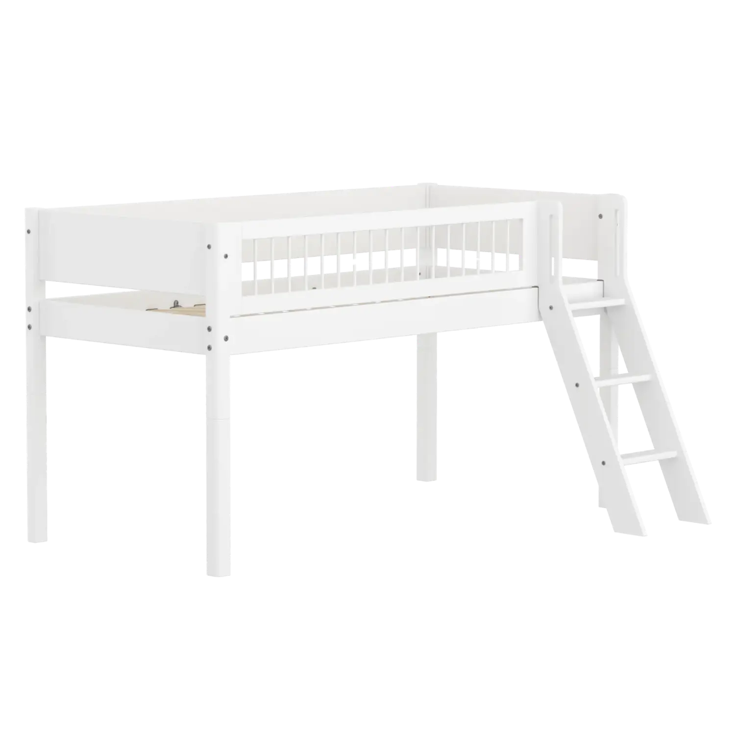 High Bed 120 cm with Ladder and Safety Rail, 90x200 cm, White FLEXA MID_HIGH-BED midslp-f-wht-mdf-200x90-sl-ladder-crossbars-f-wht   90X200 flexa-com.myshopify.com