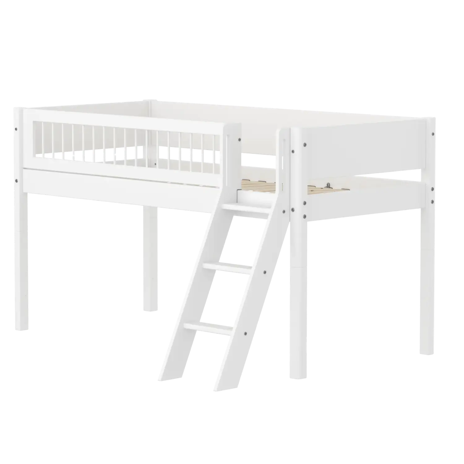 High Bed 120 cm with Ladder and Safety Rail, 90x200 cm, White FLEXA MID_HIGH-BED midslp-f-wht-mdf-200x90-sl-ladder-crossbars-f-wht   90X200 flexa-com.myshopify.com