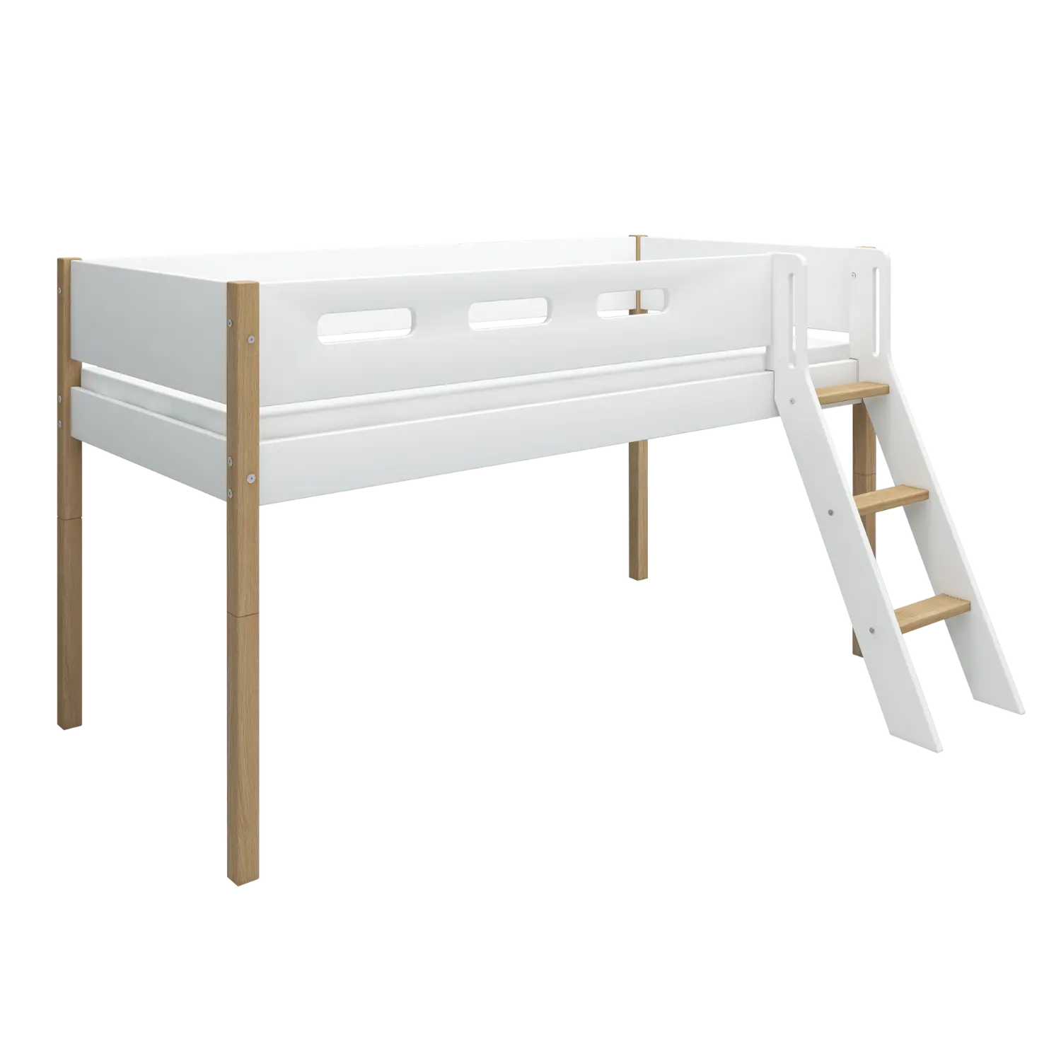 High Bed 120 cm with Ladder and Safety Rail, 90x200 cm, White/Oak MID_HIGH-BED 200 flexa-com.myshopify.com