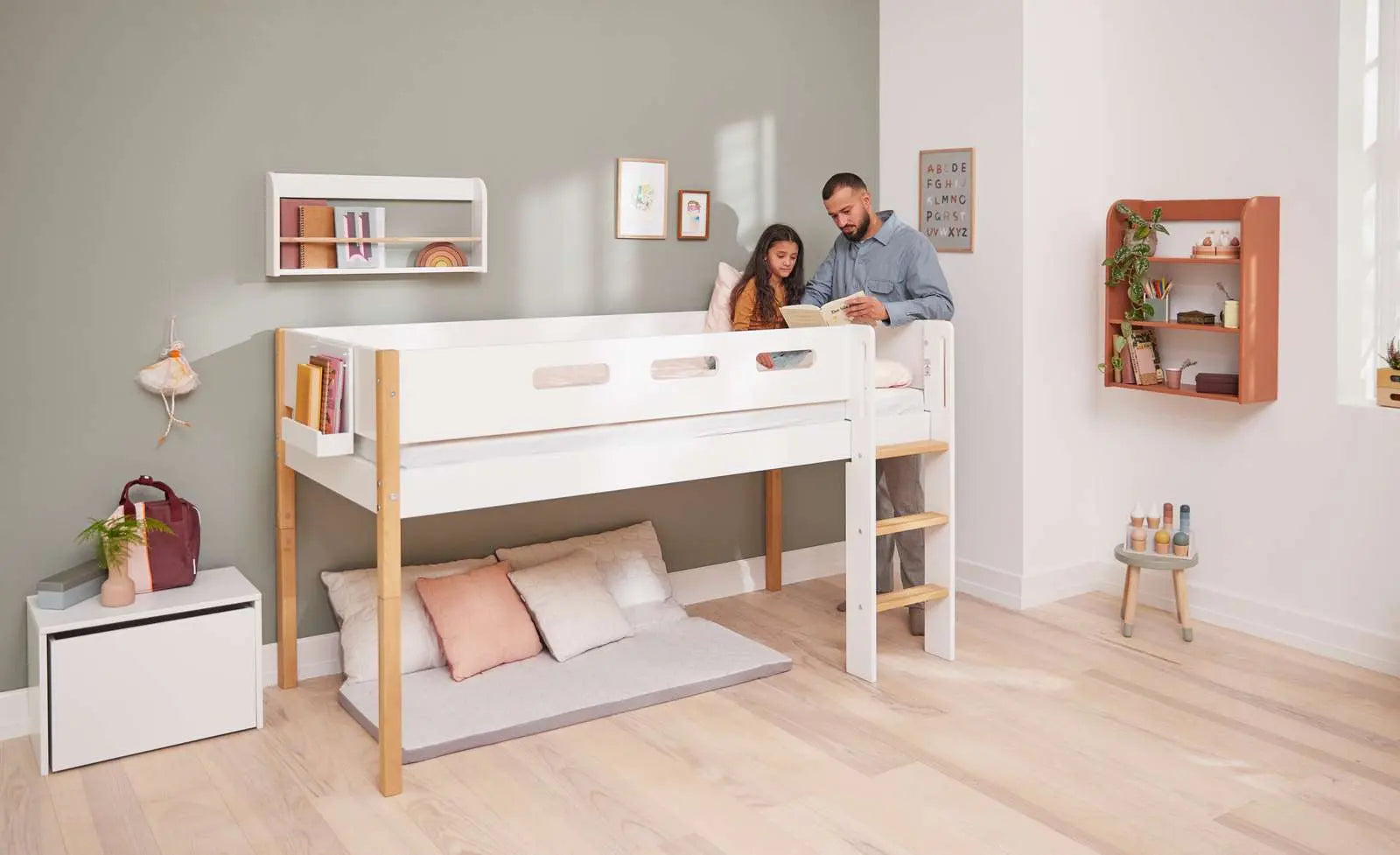 High Bed 120 cm with Ladder and Safety Rail, 90x200 cm, White/Oak MID_HIGH-BED 200 flexa-com.myshopify.com