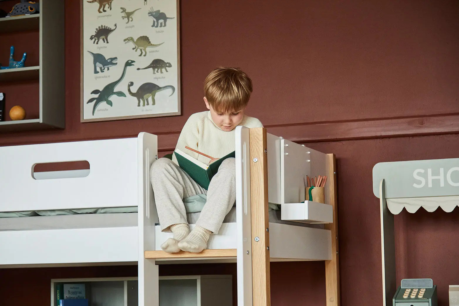 High Bed 120 cm with Ladder and Safety Rail, 90x200 cm, White/Oak MID_HIGH-BED 200 flexa-com.myshopify.com