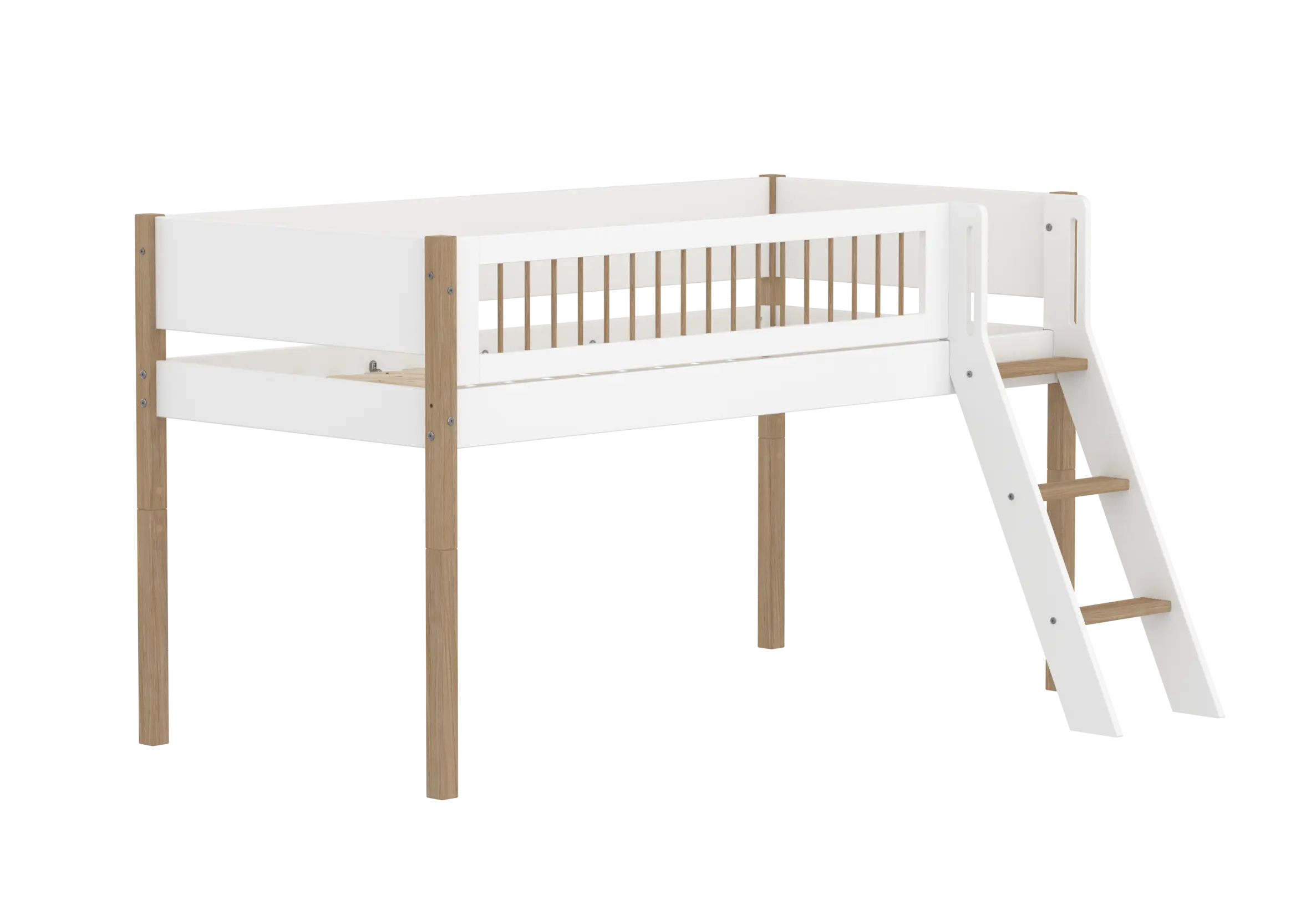 High Bed 120 cm with Ladder and Safety Rail, 90x200 cm, White/Oak MID_HIGH-BED 200 flexa-com.myshopify.com