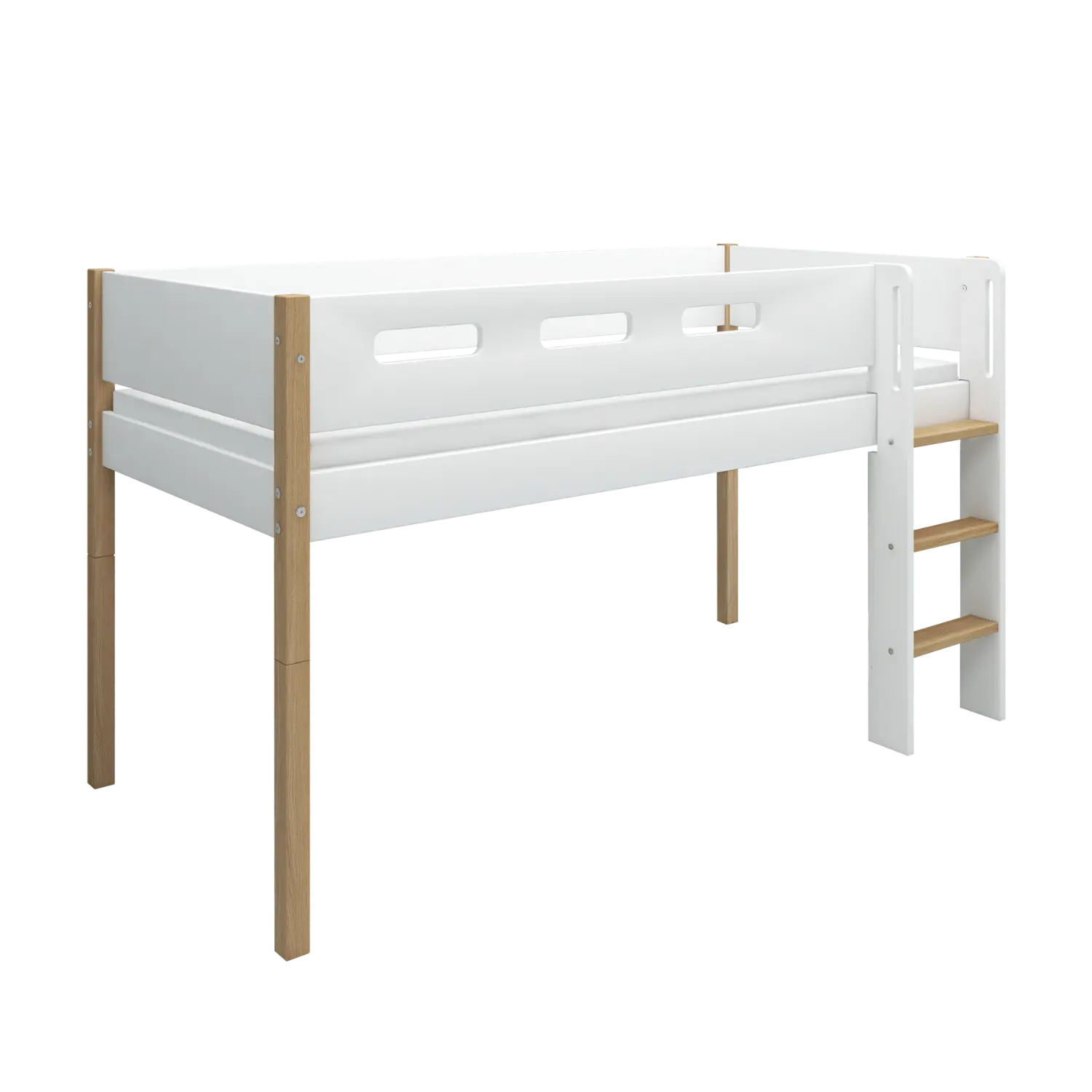 High Bed 120 cm with Ladder and Safety Rail, 90x200 cm, White/Oak MID_HIGH-BED 200 flexa-com.myshopify.com
