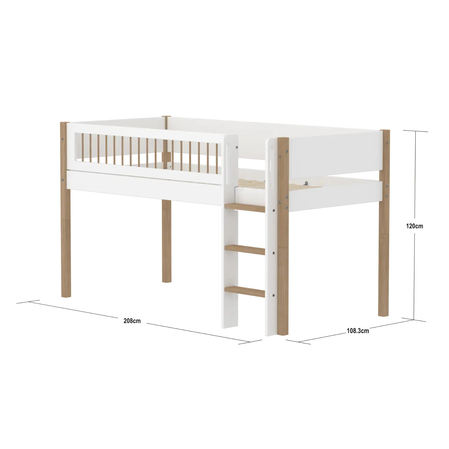 High Bed 120 cm with Ladder and Safety Rail, 90x200 cm, White/Oak MID_HIGH-BED 90X200 flexa-com.myshopify.com