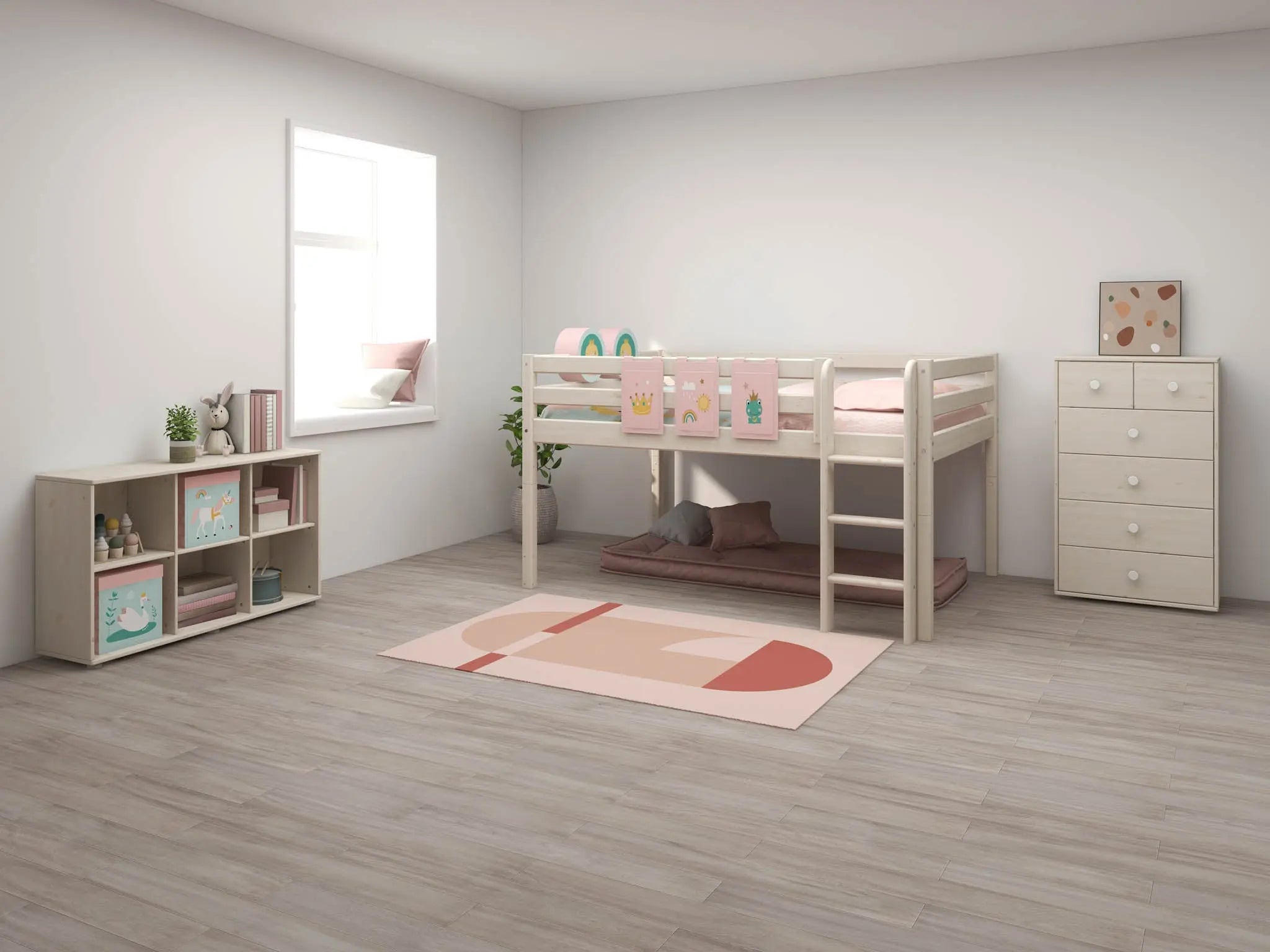High Bed 120 cm with Safety Rail and Ladder, 140x200 cm, White MID_HIGH-BED 200 flexa-com.myshopify.com