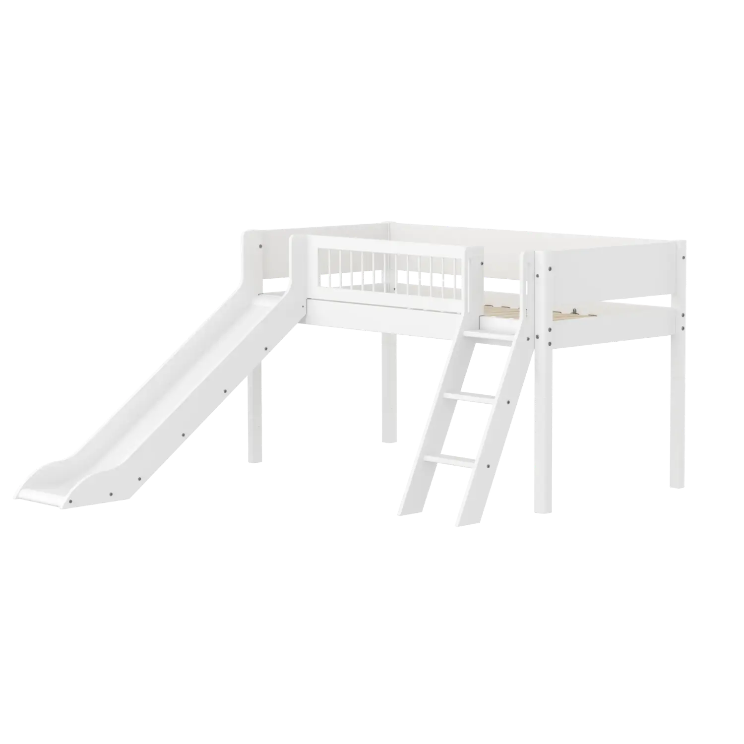 High Bed 120 cm with Slide, Ladder and Safety Rail, 90x200 cm, White FLEXA MID_HIGH-BED midslp-slide-200x90-sl-ladder-crossbars-f-wht   90X200 flexa-com.myshopify.com