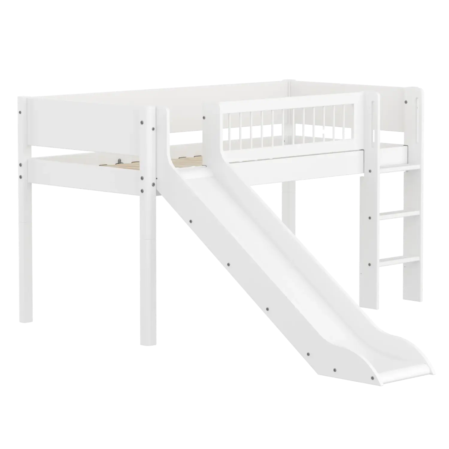 High Bed 120 cm with Slide, Ladder and Safety Rail, 90x200 cm, White FLEXA MID_HIGH-BED midslp-slide-200x90-str-ladder-crossbars-f-wht   90X200 flexa-com.myshopify.com
