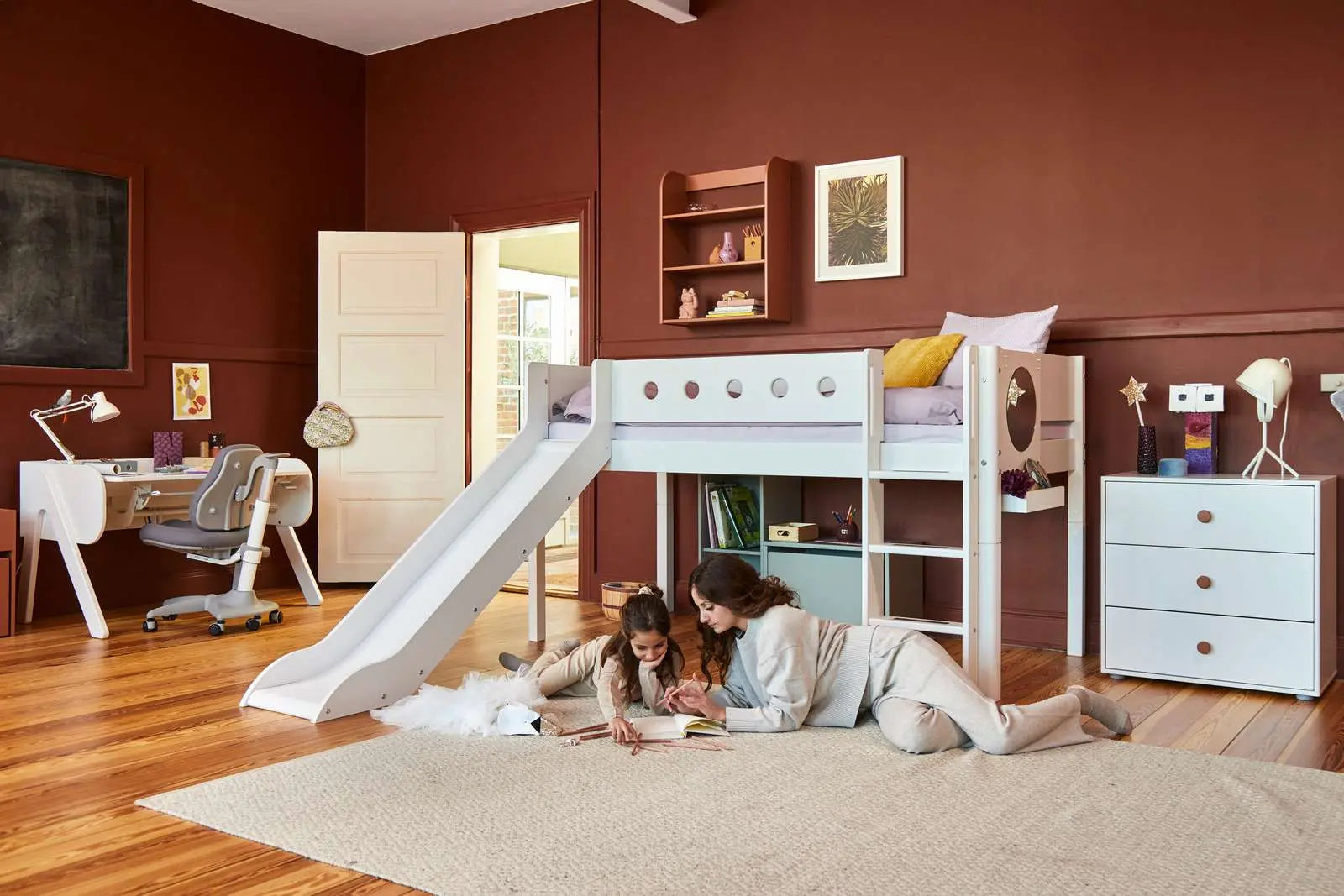 High Bed 120 cm with Slide, Ladder and Safety Rail, 90x200 cm, White MID_HIGH-BED 200 flexa-com.myshopify.com