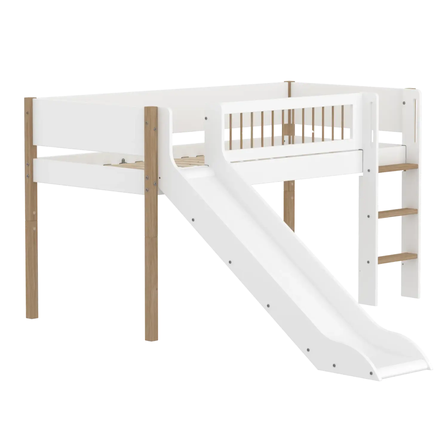 High Bed 120 cm with Slide, Ladder and Safety Rail, 90x200 cm, White/Oak flexa-com.myshopify.com  MID_HIGH-BED