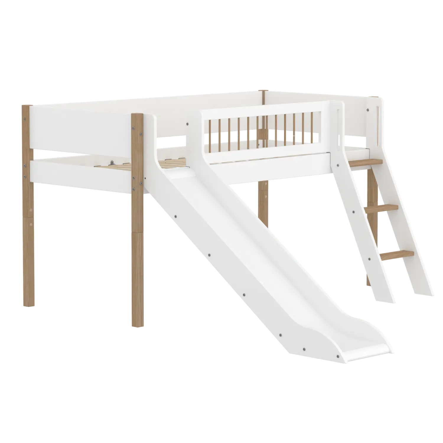 High Bed 120 cm with Slide, Ladder and Safety Rail, 90x200 cm, White/Oak flexa-com.myshopify.com  MID_HIGH-BED