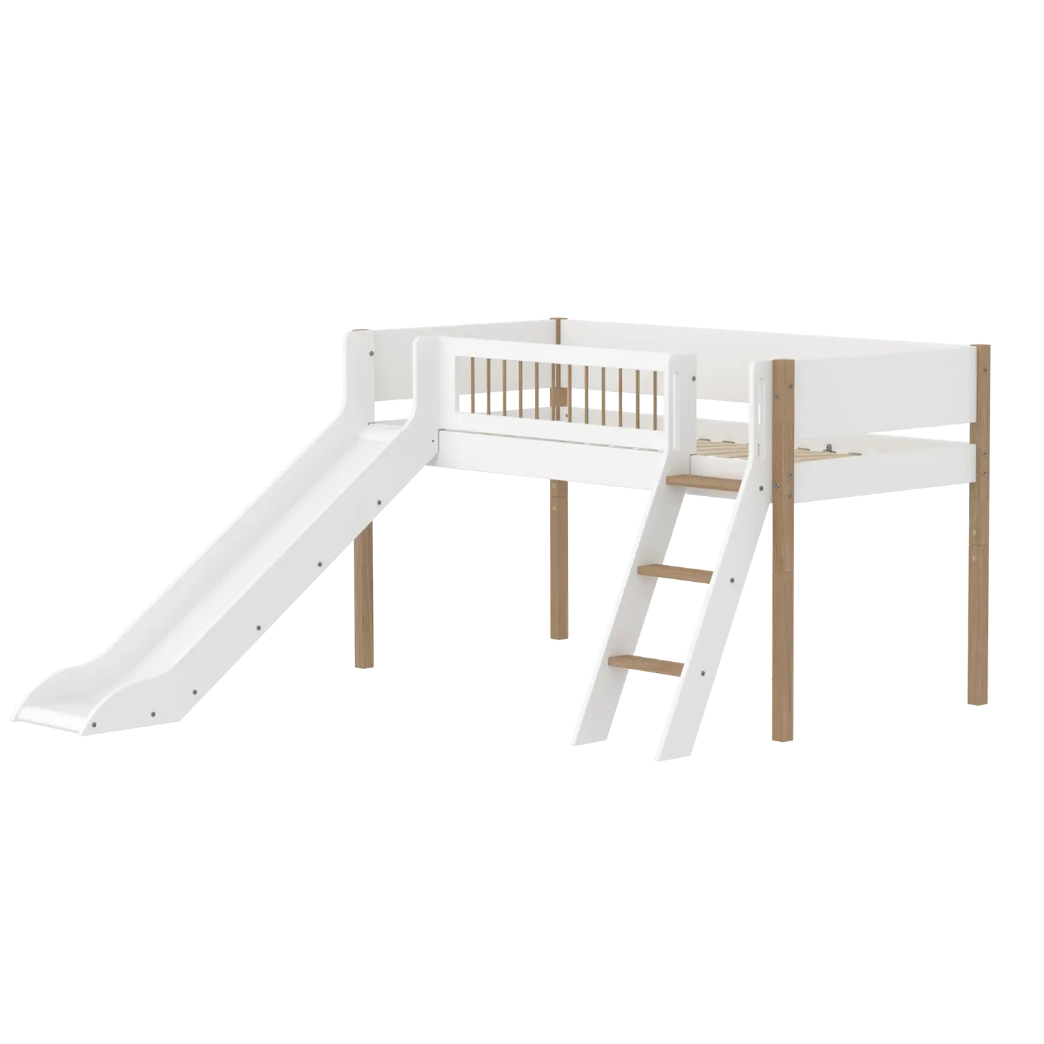 High Bed 120 cm with Slide, Ladder and Safety Rail, 90x200 cm, White/Oak FLEXA MID_HIGH-BED midslp-slide-f-wht-200x90-legs-crossbars-oak-sl-ladder   90X200 flexa-com.myshopify.com