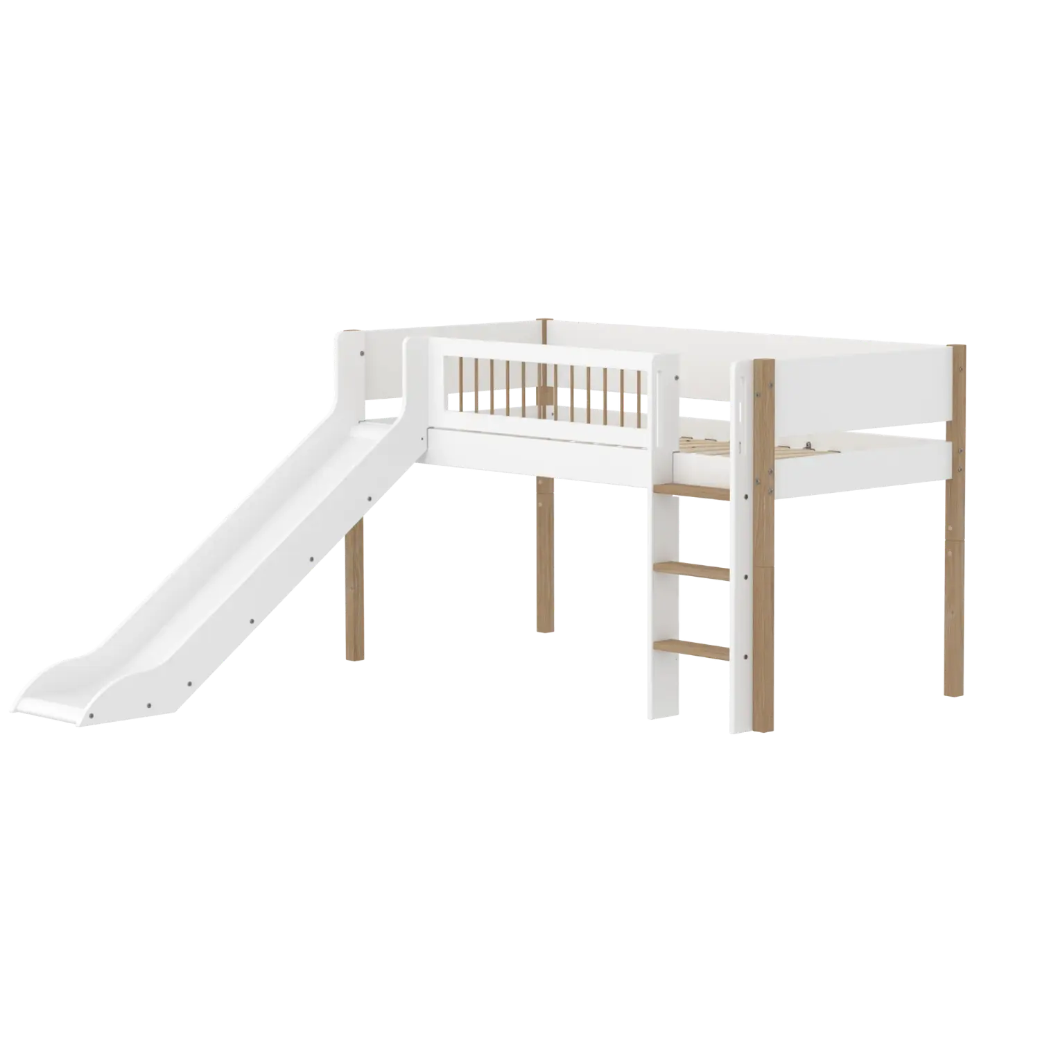 High Bed 120 cm with Slide, Ladder and Safety Rail, 90x200 cm, White/Oak FLEXA MID_HIGH-BED midslp-slide-f-wht-200x90-legs-crossbars-oak-str-ladder   90X200 flexa-com.myshopify.com