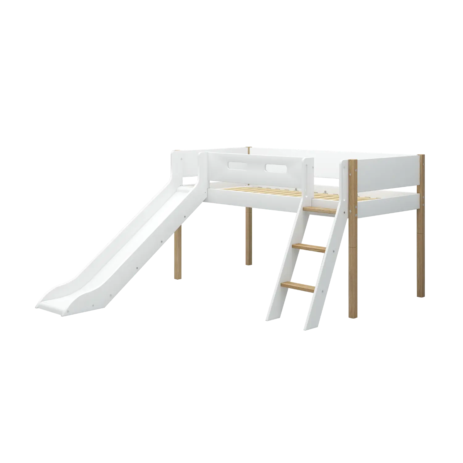 High Bed 120 cm with Slide, Ladder and Safety Rail, 90x200 cm, White/Oak MID_HIGH-BED 200 flexa-com.myshopify.com