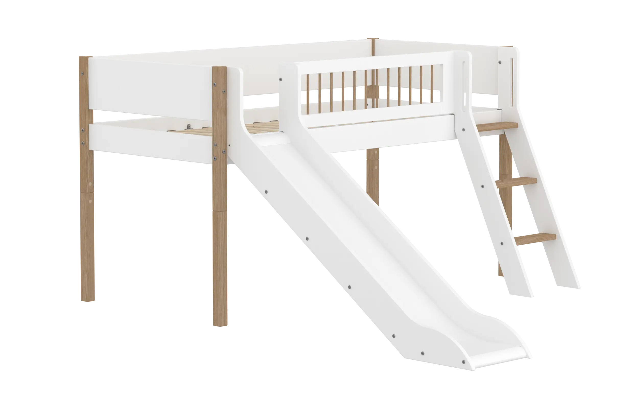 High Bed 120 cm with Slide, Ladder and Safety Rail, 90x200 cm, White/Oak MID_HIGH-BED 90X200 flexa-com.myshopify.com