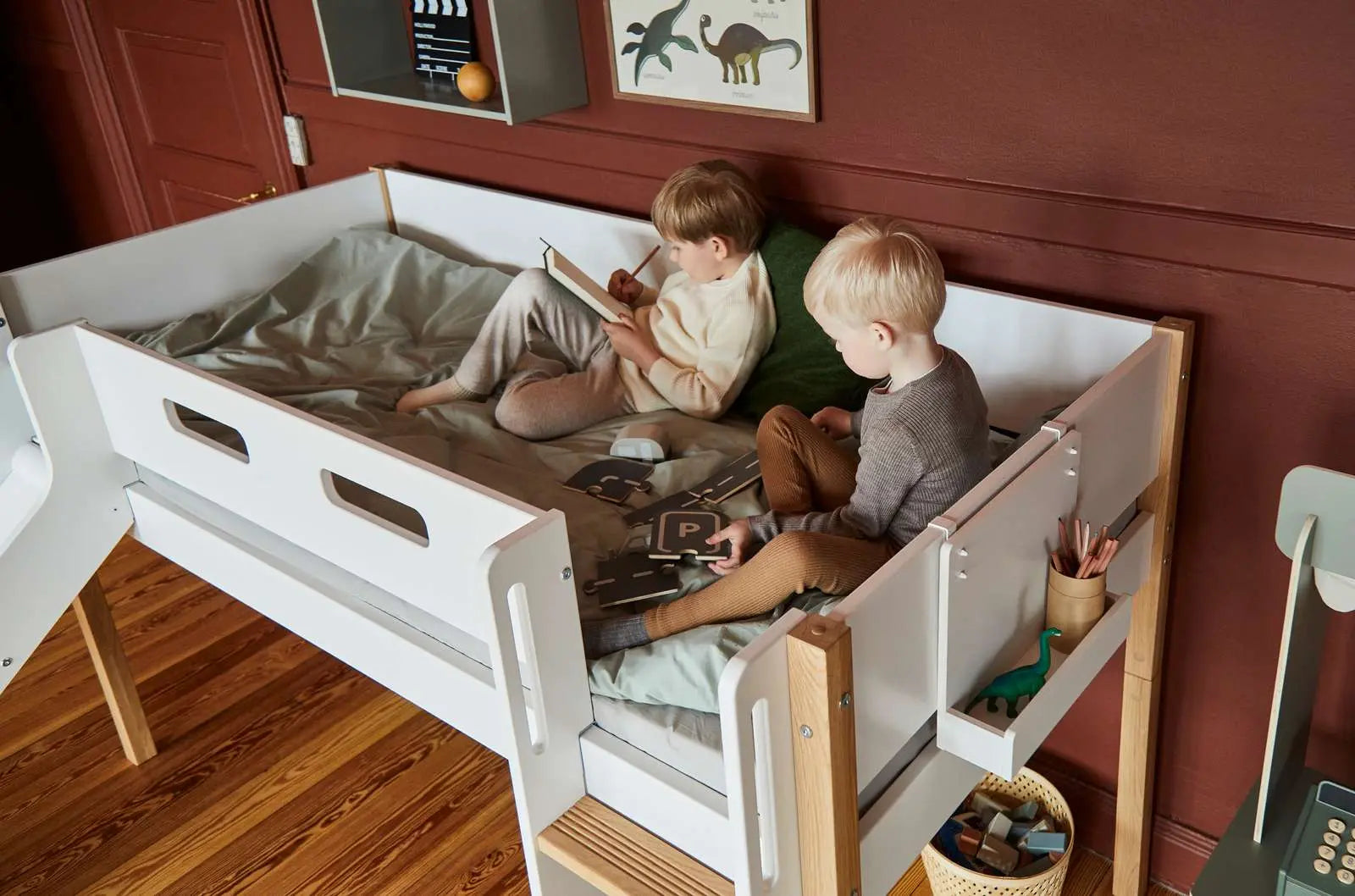 High Bed 120 cm with Slide and Safety Rail, 90x200 cm, White/Oak MID_HIGH-BED 200 flexa-com.myshopify.com