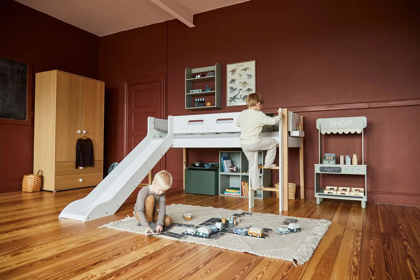 High Bed 120 cm with Slide and Safety Rail, 90x200 cm, White/Oak MID_HIGH-BED 200 flexa-com.myshopify.com