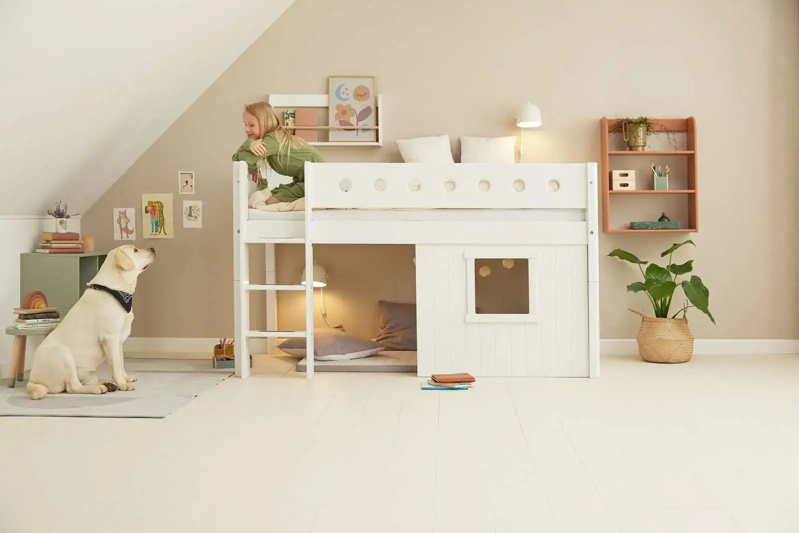 High Bed 120 cm with Treehouse, Ladder and Safety Rail, 90x200 cm, White MID_HIGH-BED 200 flexa-com.myshopify.com