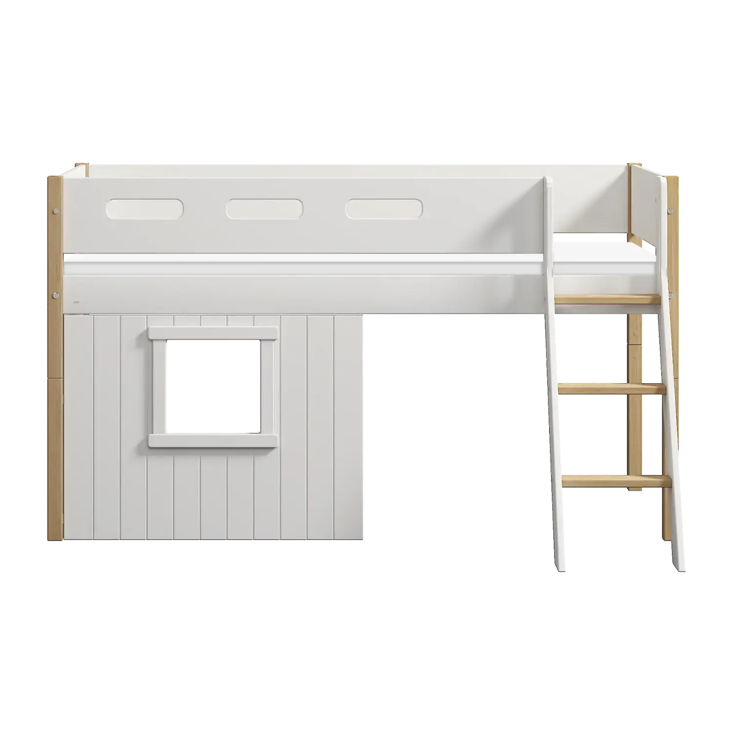 High Bed 120 cm with Treehouse, Ladder and Safety Rail, 90x200 cm, White/Oak MID_HIGH-BED 200 flexa-com.myshopify.com