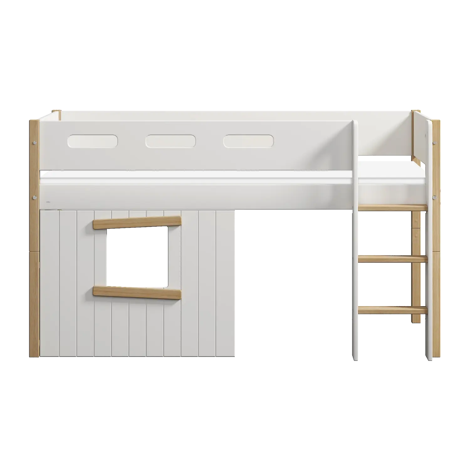 High Bed 120 cm with Treehouse, Ladder and Safety Rail, 90x200 cm, White/Oak MID_HIGH-BED 200 flexa-com.myshopify.com