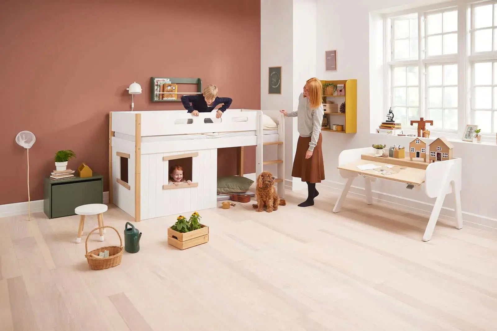 High Bed 120 cm with Treehouse, Ladder and Safety Rail, 90x200 cm, White/Oak MID_HIGH-BED 200 flexa-com.myshopify.com
