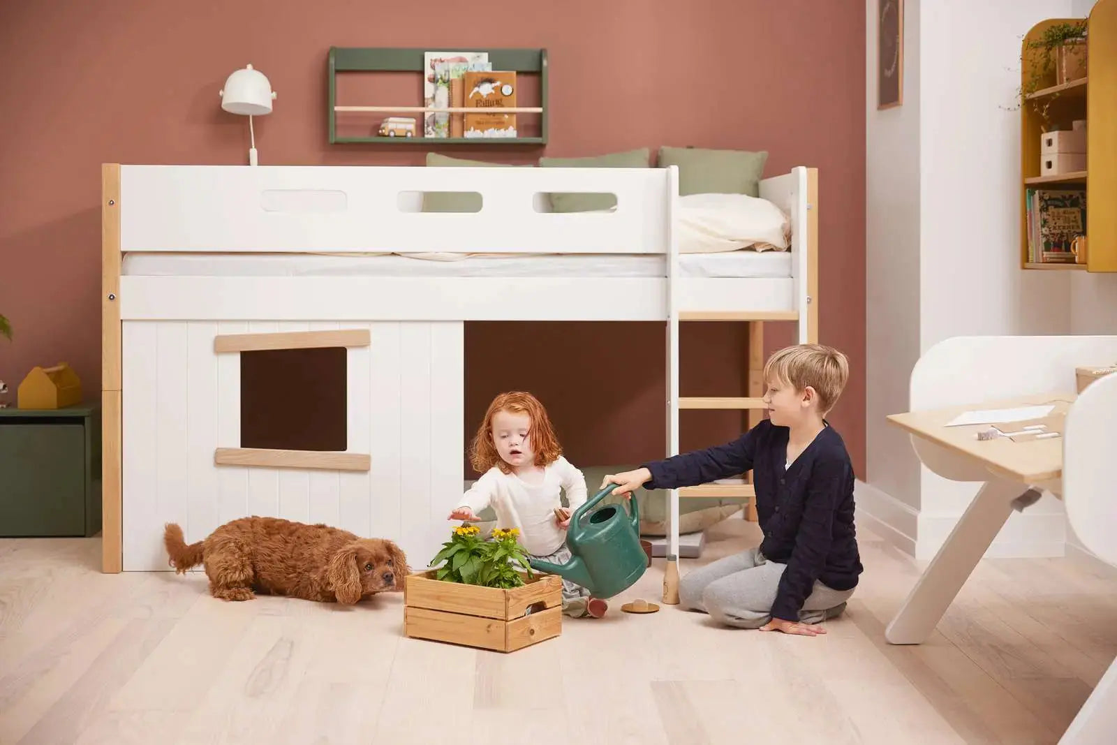 High Bed 120 cm with Treehouse, Ladder and Safety Rail, 90x200 cm, White/Oak MID_HIGH-BED 200 flexa-com.myshopify.com