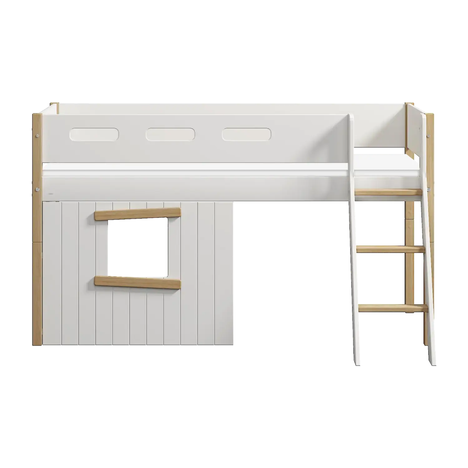 High Bed 120 cm with Treehouse, Ladder and Safety Rail, 90x200 cm, White/Oak MID_HIGH-BED 200 flexa-com.myshopify.com
