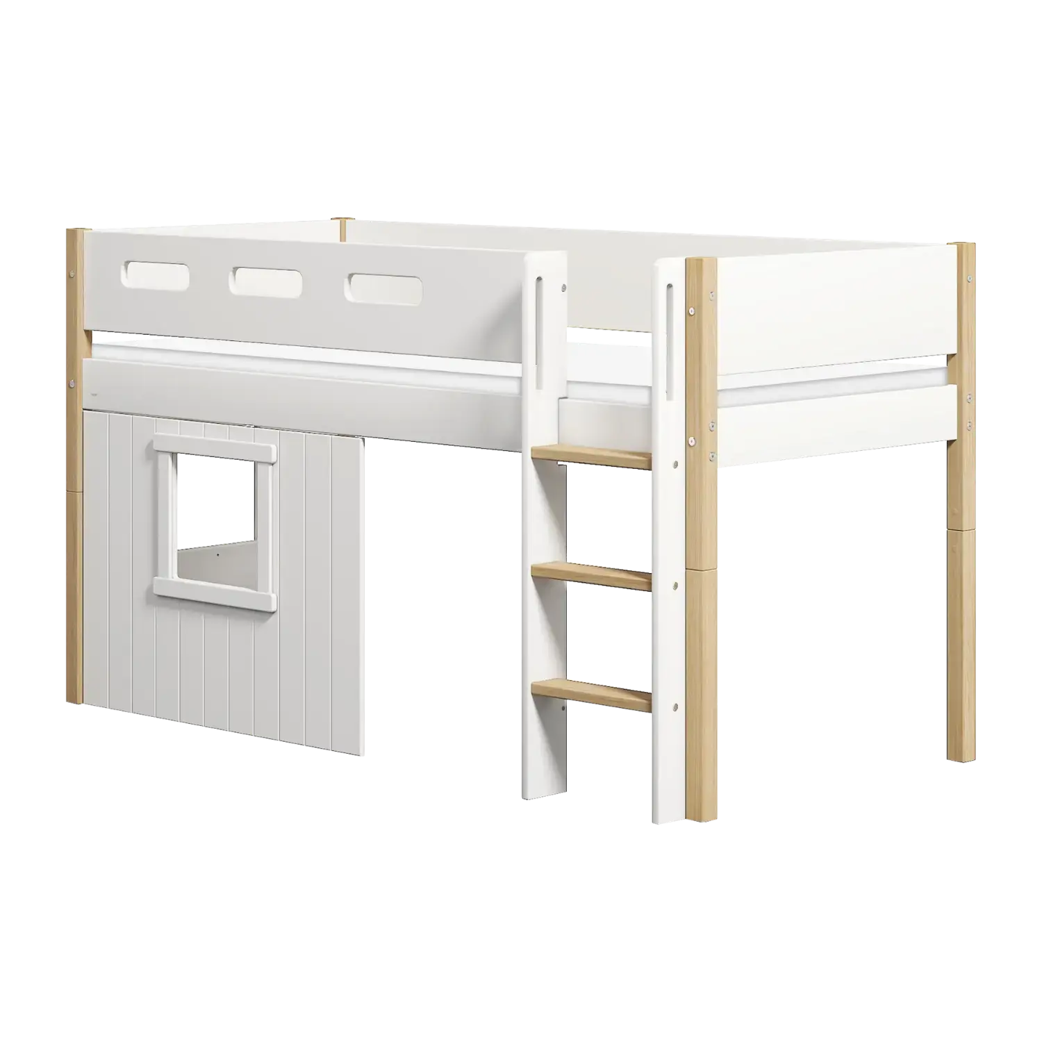 High Bed 120 cm with Treehouse, Ladder and Safety Rail, 90x200 cm, White/Oak MID_HIGH-BED 200 flexa-com.myshopify.com
