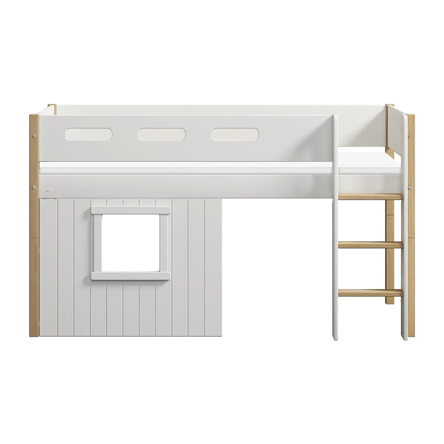 High Bed 120 cm with Treehouse, Ladder and Safety Rail, 90x200 cm, White/Oak MID_HIGH-BED 200 flexa-com.myshopify.com