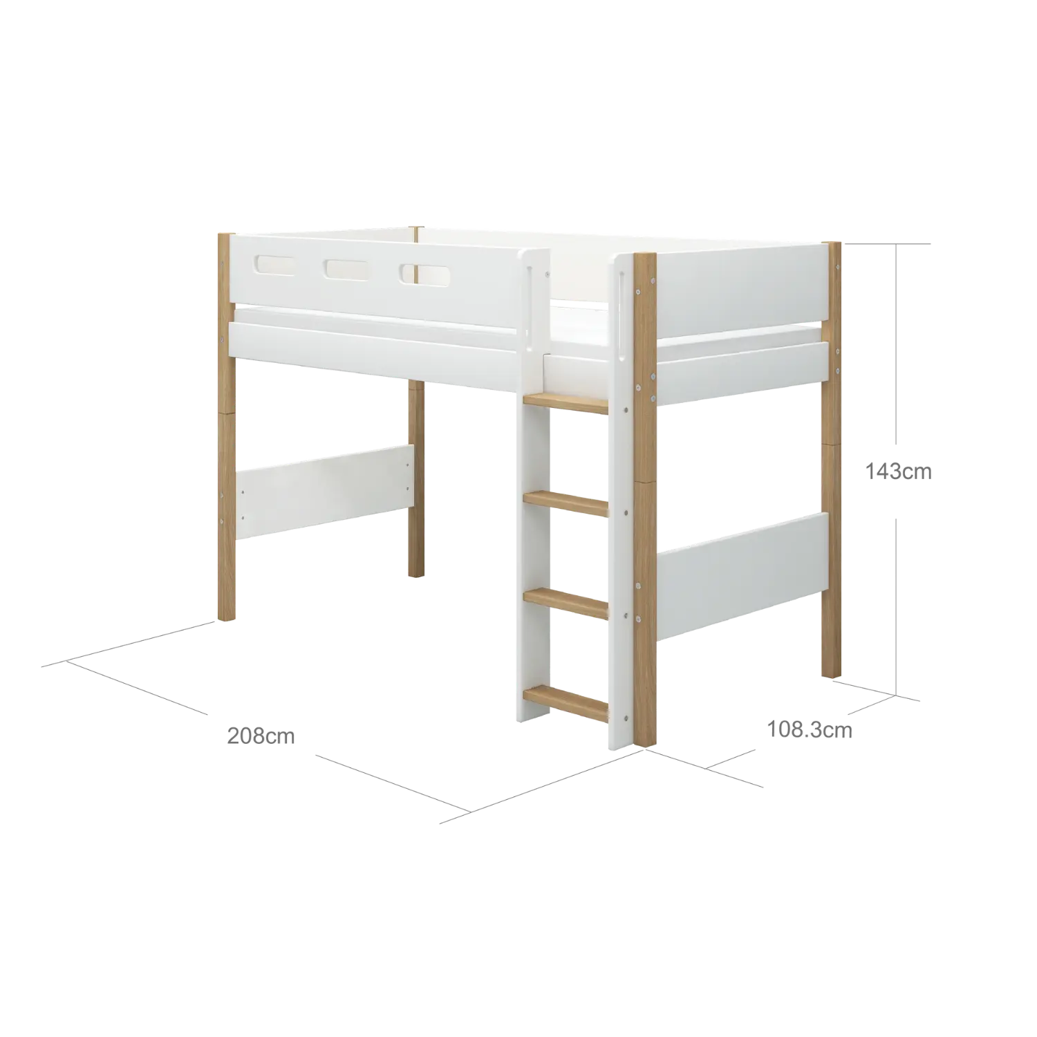 High Bed 143 cm with Ladder and Safety Rail, 90x200 cm, White/Oak SEMI_HIGH-BED 200 flexa-com.myshopify.com