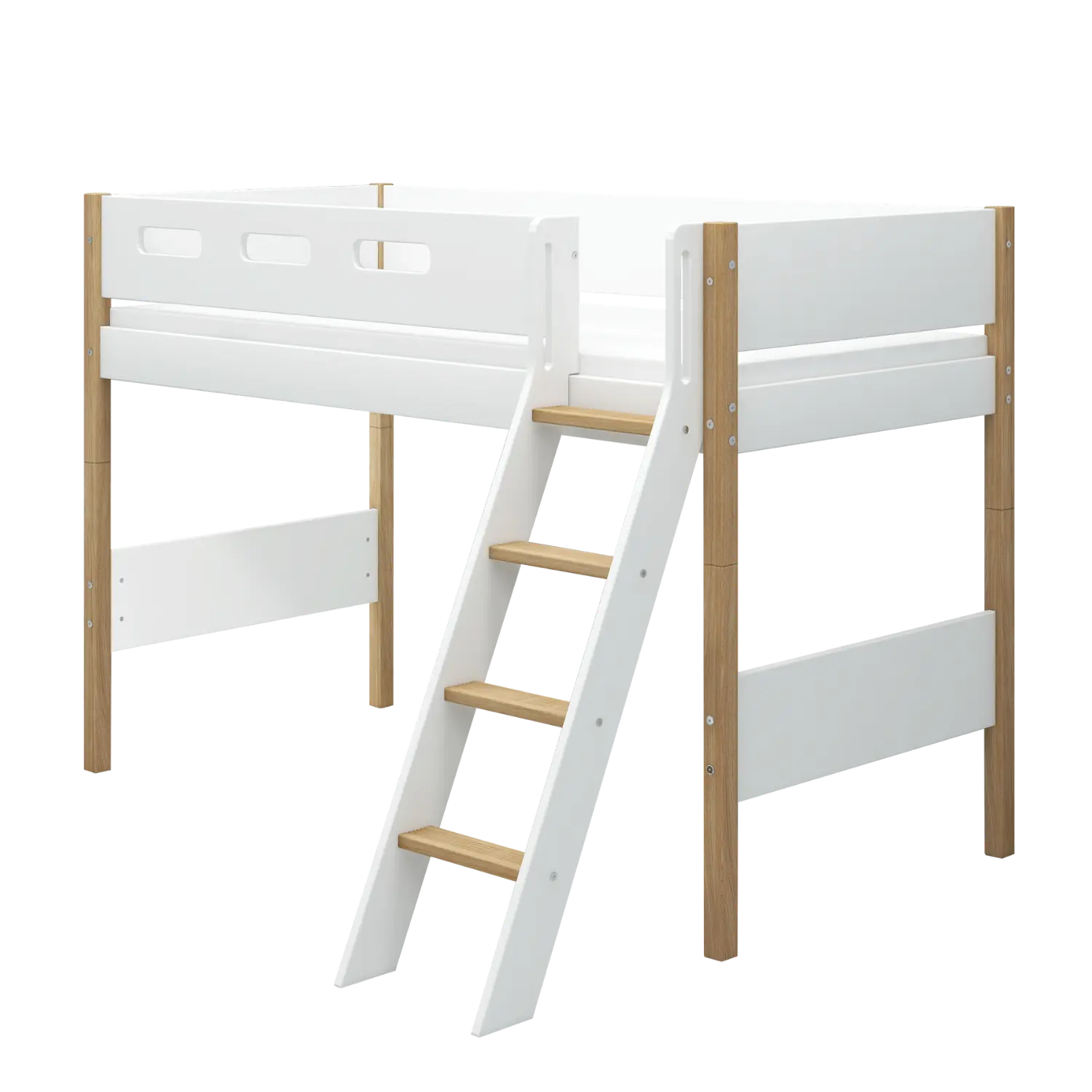 High Bed 143 cm with Ladder and Safety Rail, 90x200 cm, White/Oak SEMI_HIGH-BED 200 flexa-com.myshopify.com