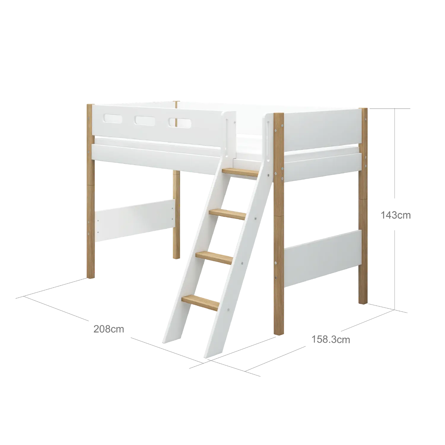 High Bed 143 cm with Ladder and Safety Rail, 90x200 cm, White/Oak SEMI_HIGH-BED 200 flexa-com.myshopify.com