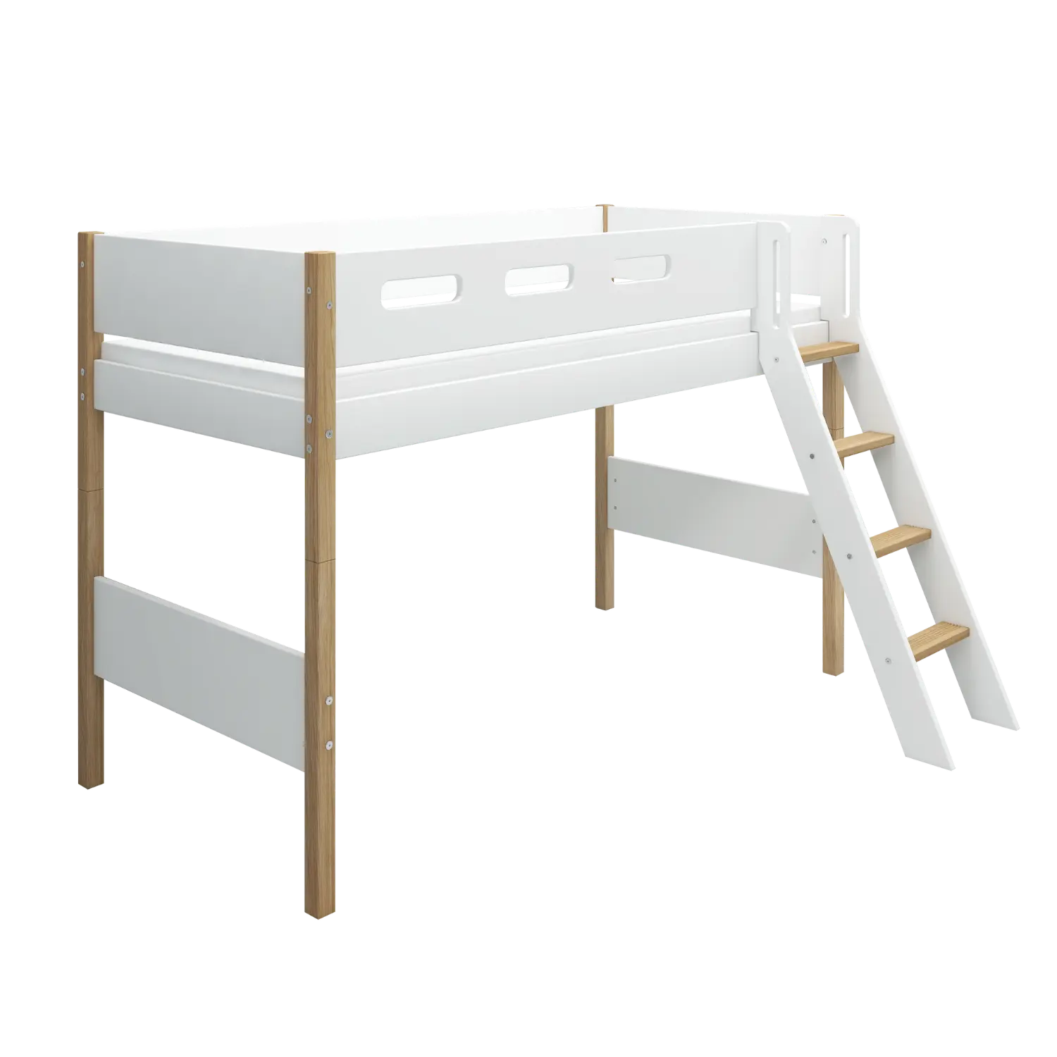 High Bed 143 cm with Ladder and Safety Rail, 90x200 cm, White/Oak SEMI_HIGH-BED 200 flexa-com.myshopify.com