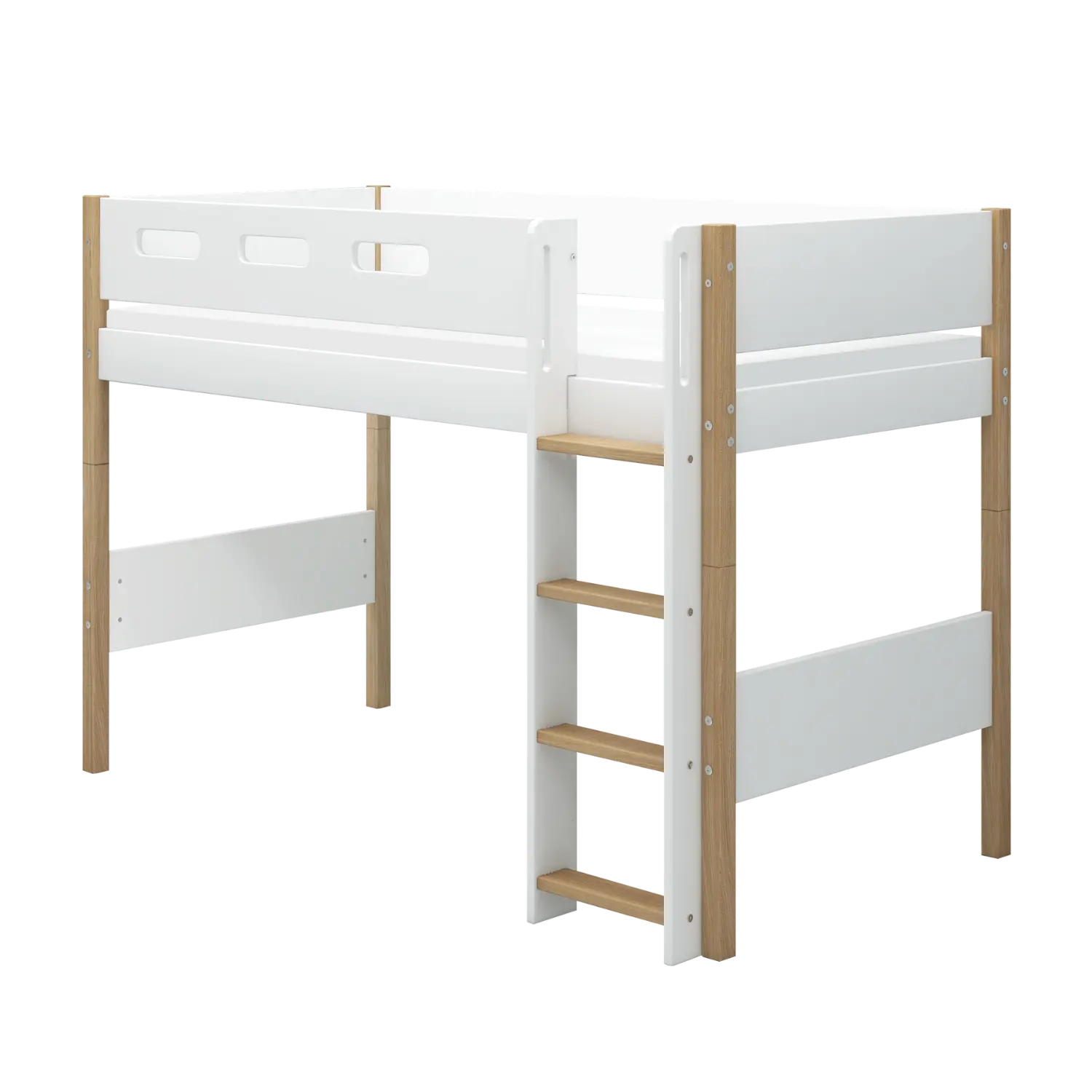 High Bed 143 cm with Ladder and Safety Rail, 90x200 cm, White/Oak SEMI_HIGH-BED 200 flexa-com.myshopify.com