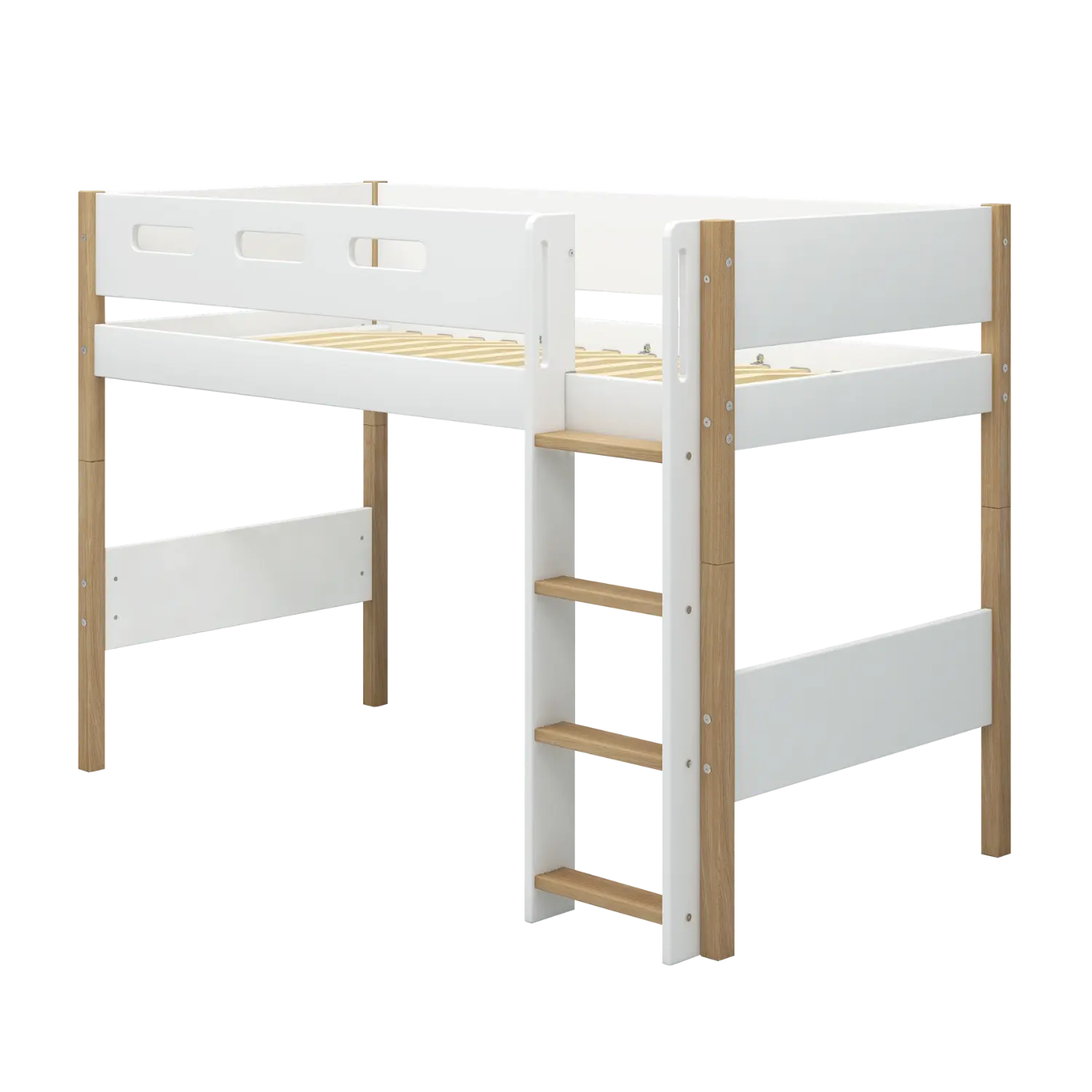 High Bed 143 cm with Ladder and Safety Rail, 90x200 cm, White/Oak SEMI_HIGH-BED 200 flexa-com.myshopify.com
