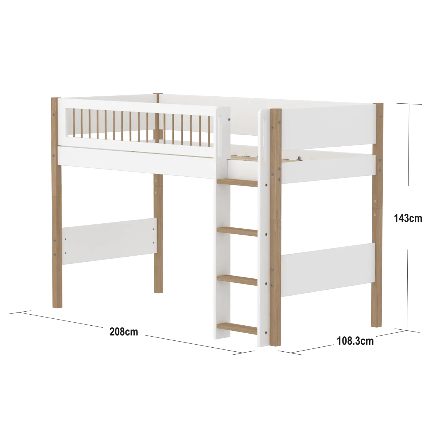 High Bed 143 cm with Ladder and Safety Rail, 90x200 cm, White/Oak SEMI_HIGH-BED 90X200 flexa-com.myshopify.com