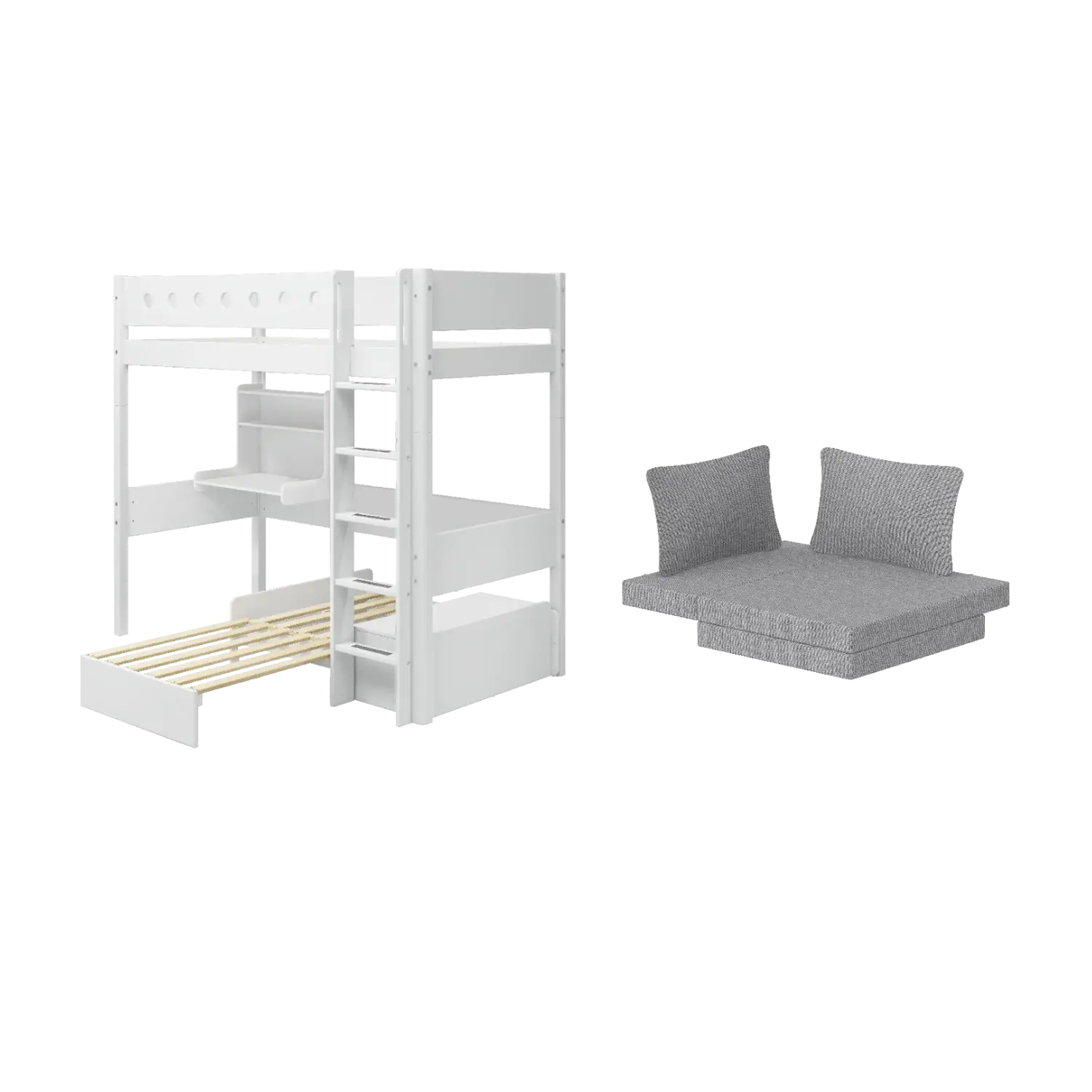 High Bed 184 cm with Desk, Sofa, Ladder and Safety Rail, 90x200 cm, White HIGHBED 200 flexa-com.myshopify.com