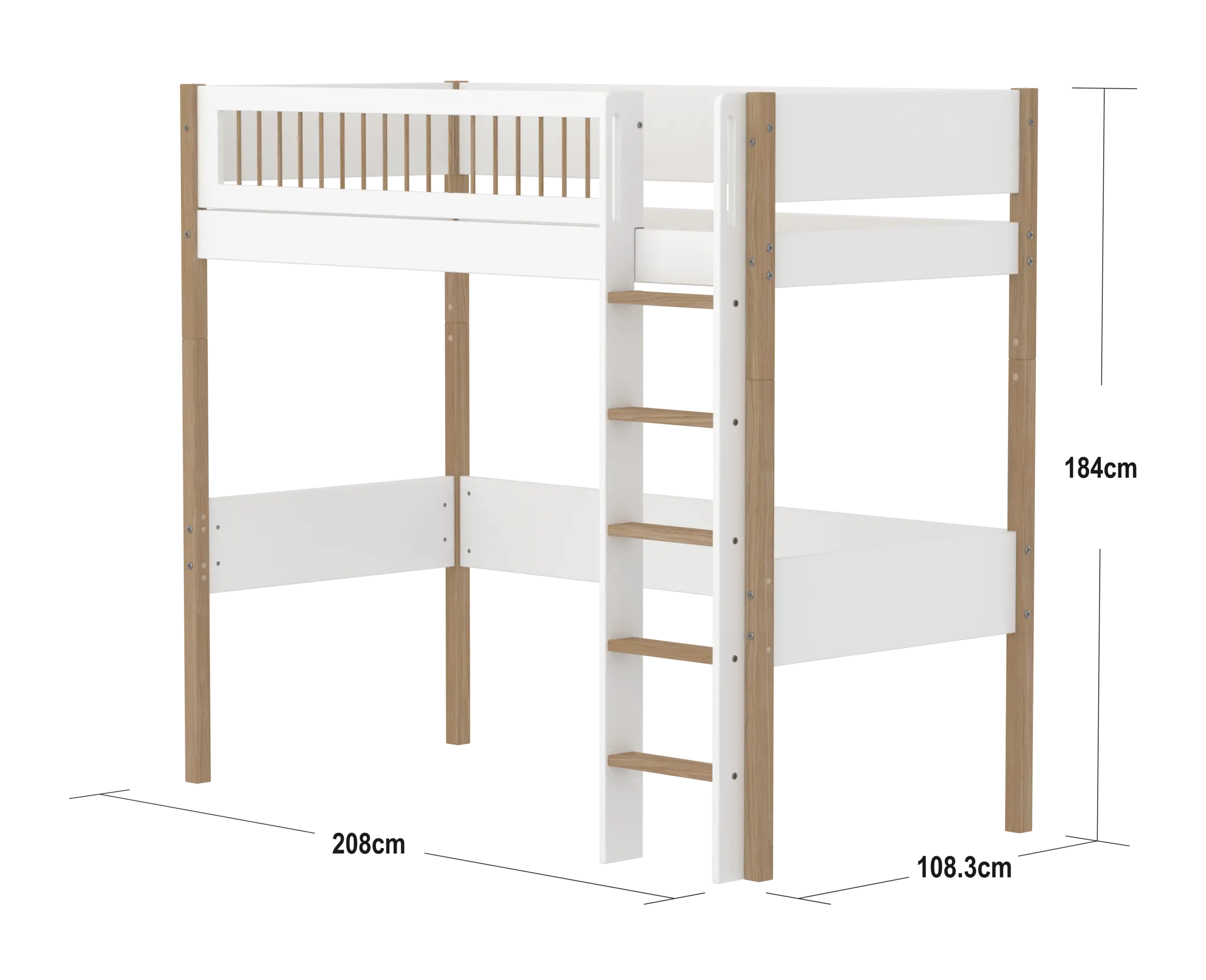 High Bed 184 cm with Ladder and Safety Rail, 90x200 cm, White/Oak HIGHBED 90X200 flexa-com.myshopify.com