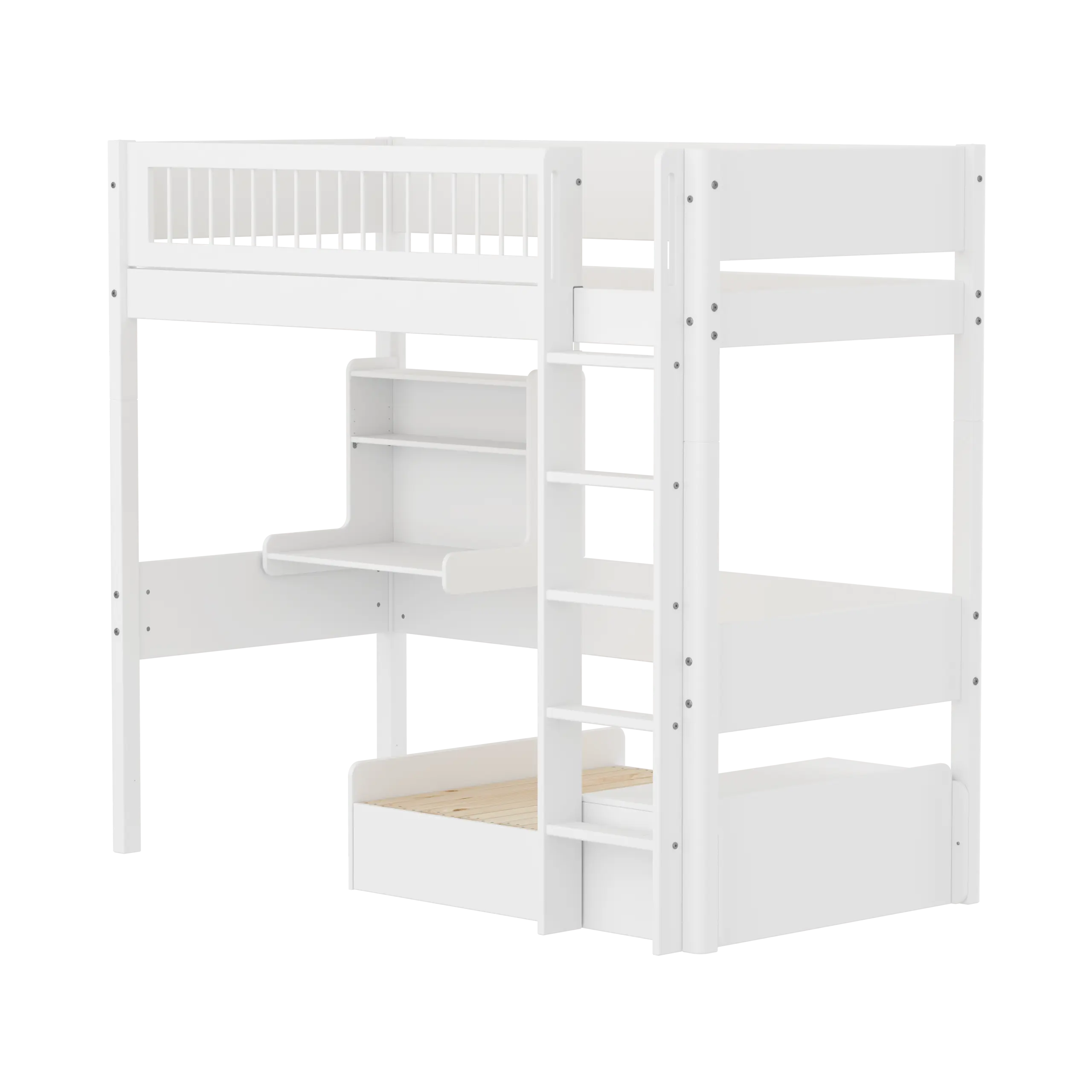 High Bed 184 cm with Sofa, Desk, Ladder and Safety Rail, 90x200 cm, White HIGHBED 90X200 flexa-com.myshopify.com