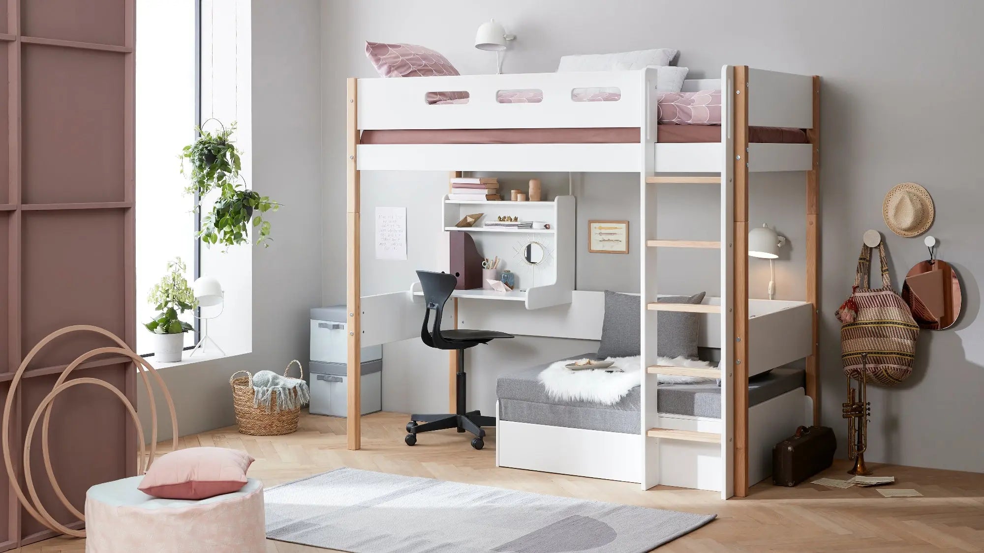High Bed 184 cm with Sofa, Desk, Ladder and Safety Rail, 90x200 cm, White/Oak HIGHBED 200 flexa-com.myshopify.com
