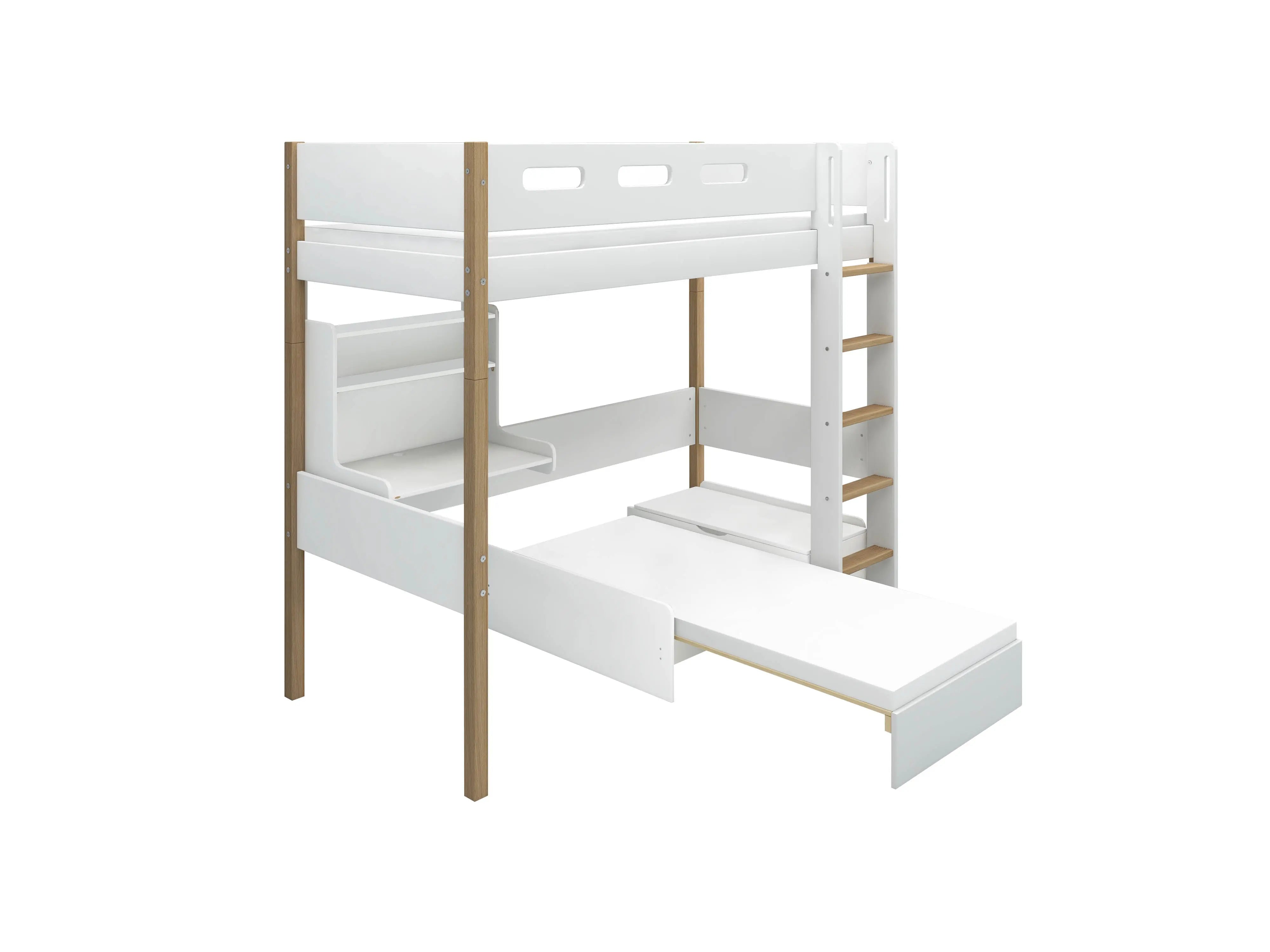 High Bed 184 cm with Sofa, Desk, Ladder and Safety Rail, 90x200 cm, White/Oak HIGHBED 200 flexa-com.myshopify.com