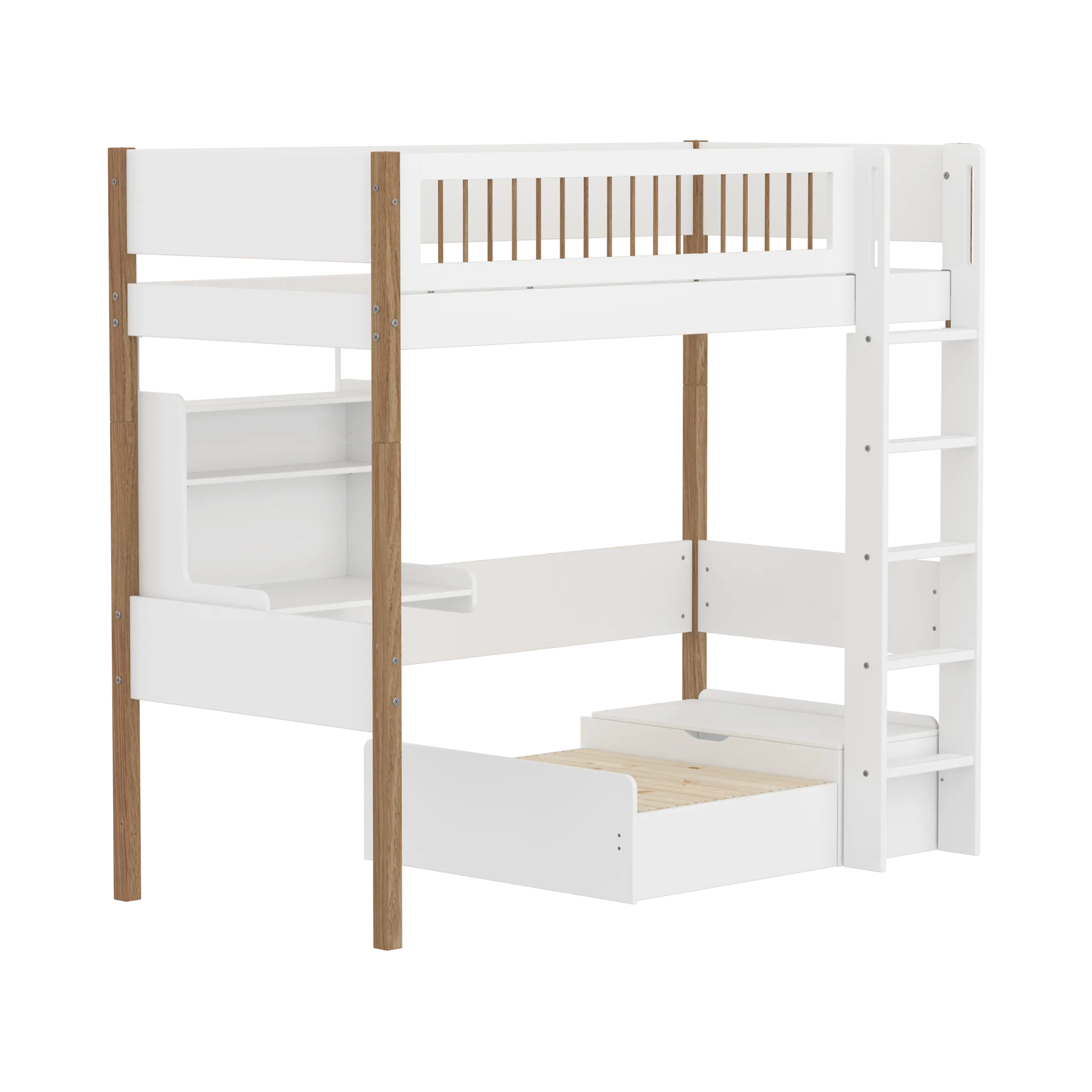 High Bed 184 cm with Sofa, Desk, Ladder and Safety Rail, 90x200 cm, White/Oak HIGHBED 90X200 flexa-com.myshopify.com