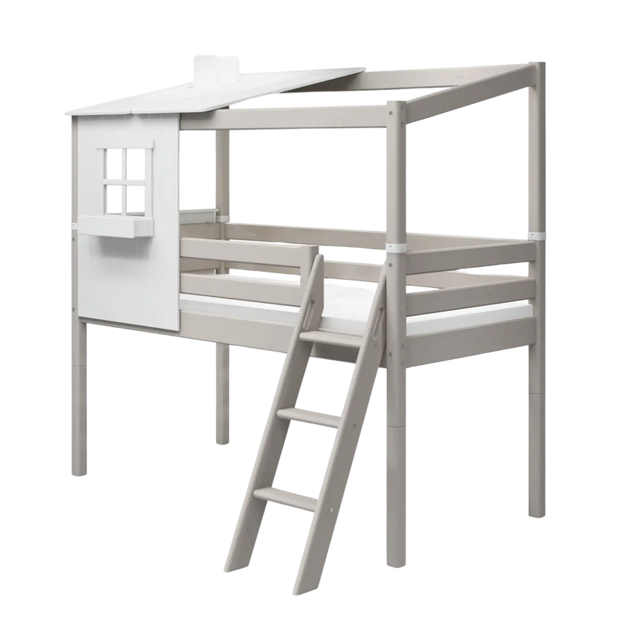 FLEXA Mid-High Bed with 1/2 Classic House, 90x200 cm, White/Grey