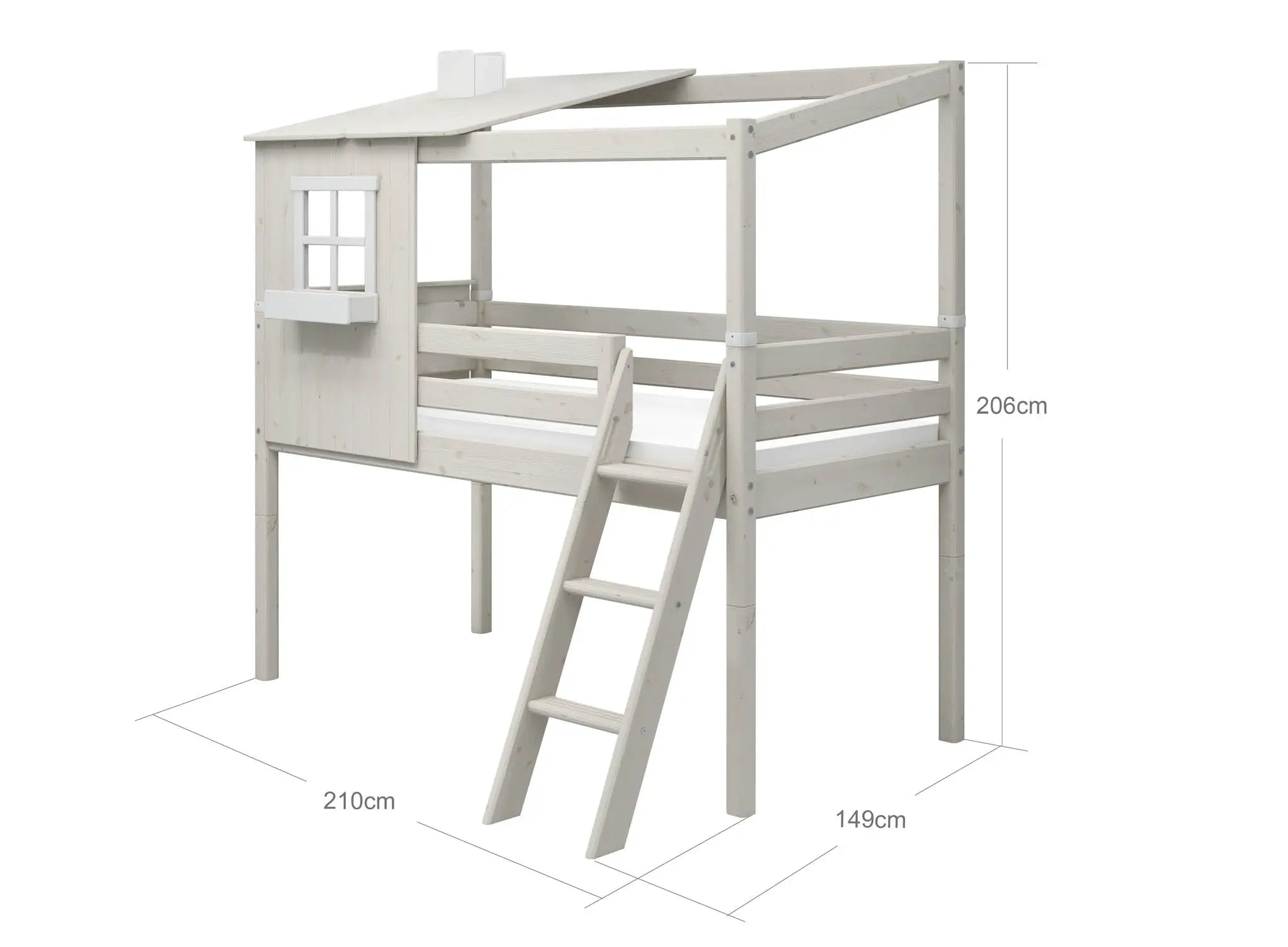 Mid-High Bed with 1/2 House, Ladder and Safety Rail, 90x200 cm, White MID_HIGH-BED 200 flexa-com.myshopify.com