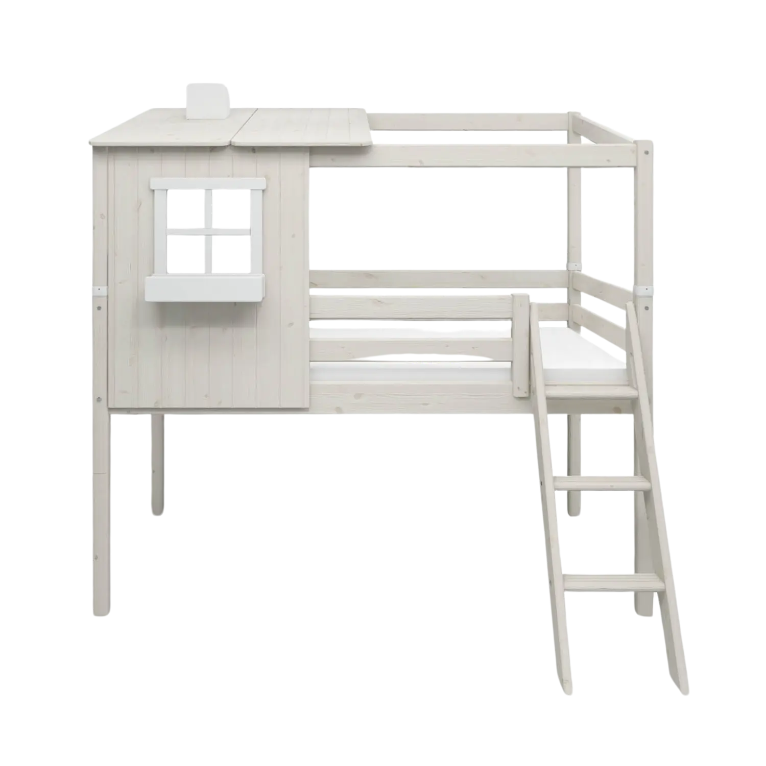 Mid-High Bed with 1/2 House, Ladder and Safety Rail, 90x200 cm, White MID_HIGH-BED 200 flexa-com.myshopify.com