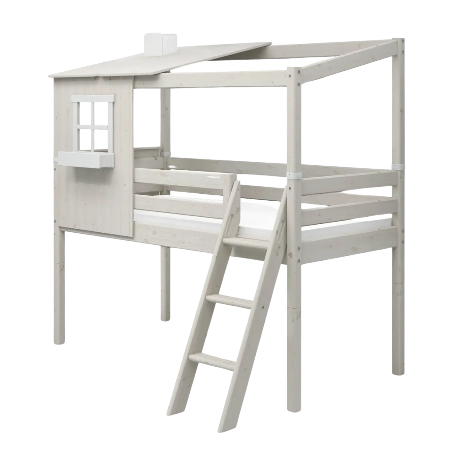 Mid-High Bed with 1/2 House, Ladder and Safety Rail, 90x200 cm, White MID_HIGH-BED 200 flexa-com.myshopify.com
